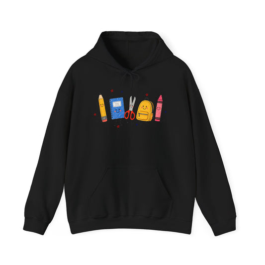 Back-to-School Hoodie – Cute School Supplies Graphic (Pencil, Notebook, Backpack)
