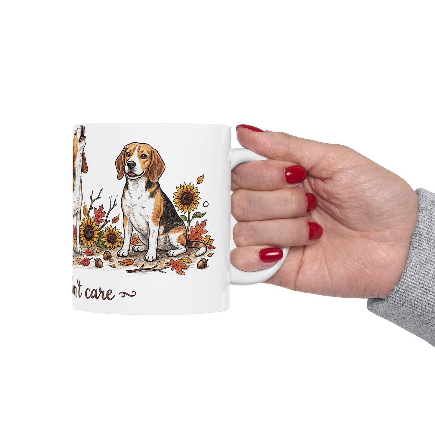 Beagle Fall Mug - "Crisp Air, Don't Care" Autumn Coffee Cup (11oz/15oz)