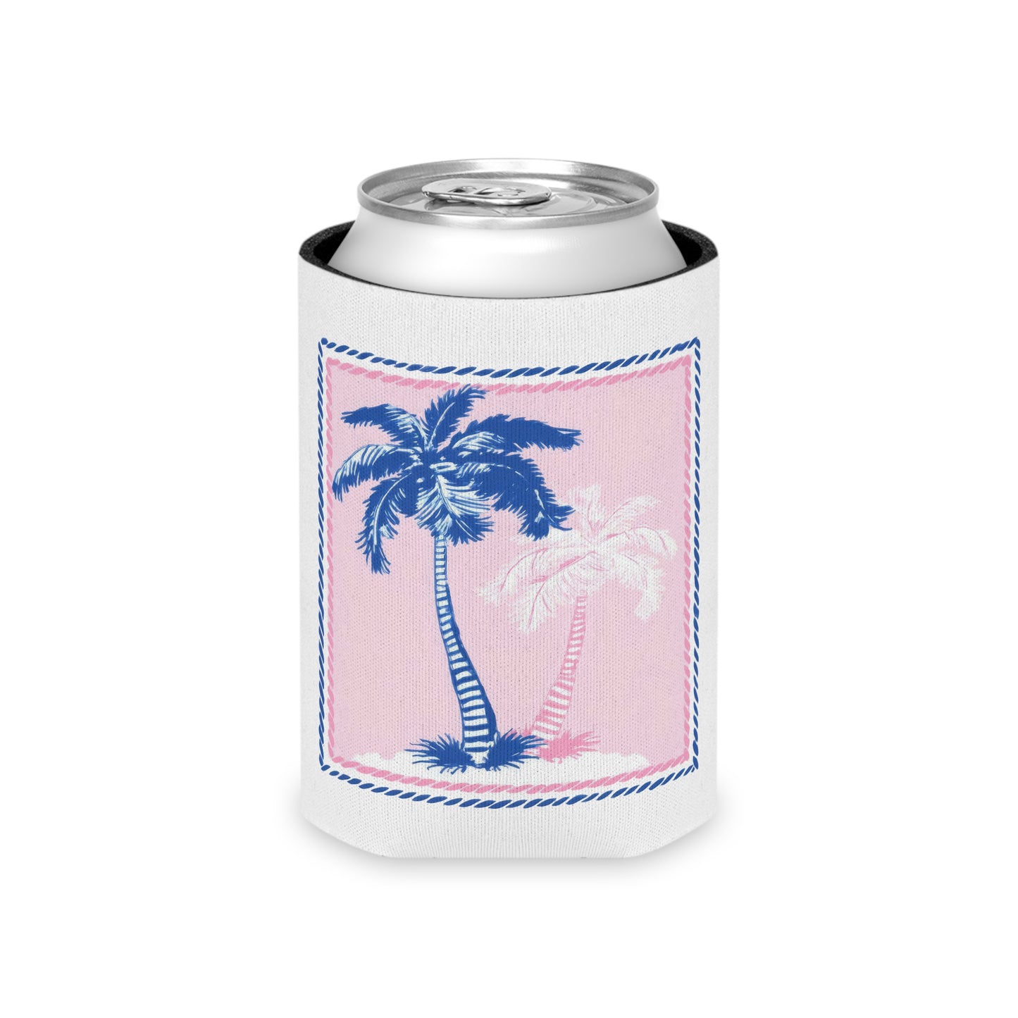 Tropical Palm Can Cooler — Pink & Blue Beach Drink Koozie