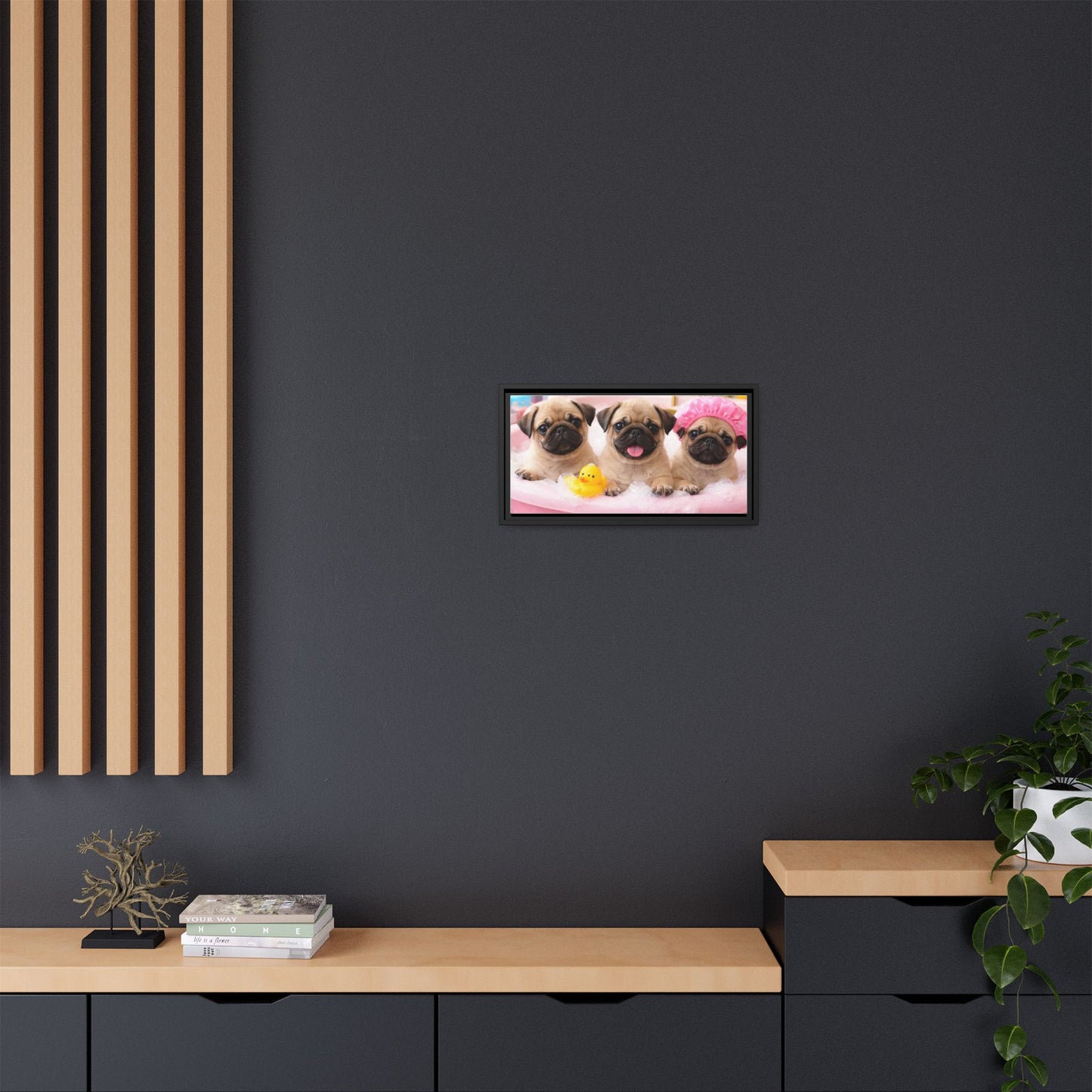 Pug Puppies Bubble Bath Matte Canvas Framed Wall Art