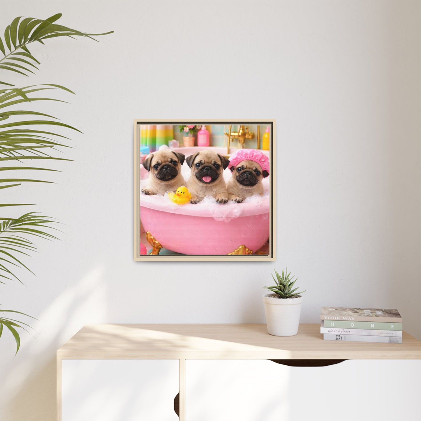 Pug Puppies Bubble Bath Matte Canvas Framed Wall Art
