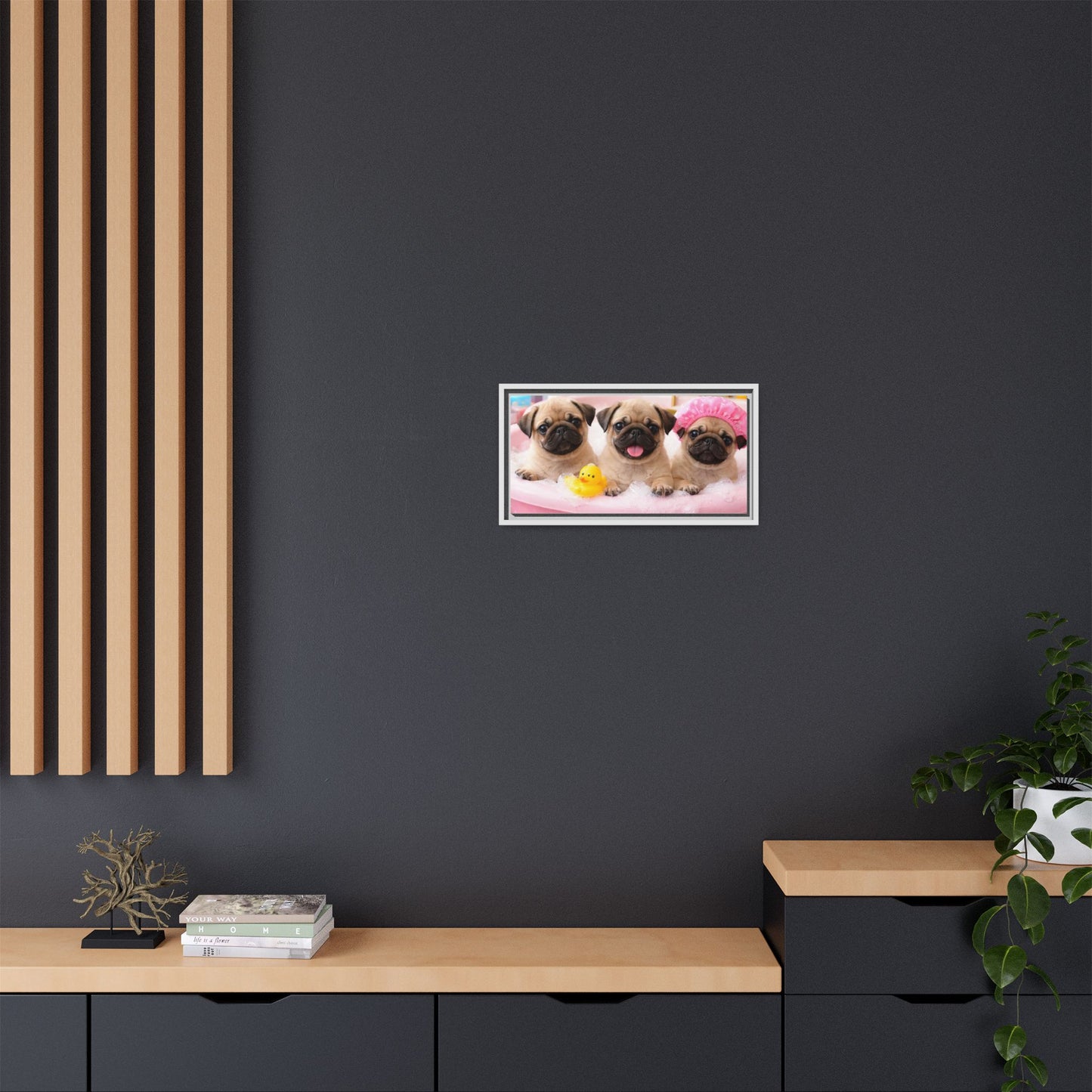 Pug Puppies Bubble Bath Matte Canvas Framed Wall Art