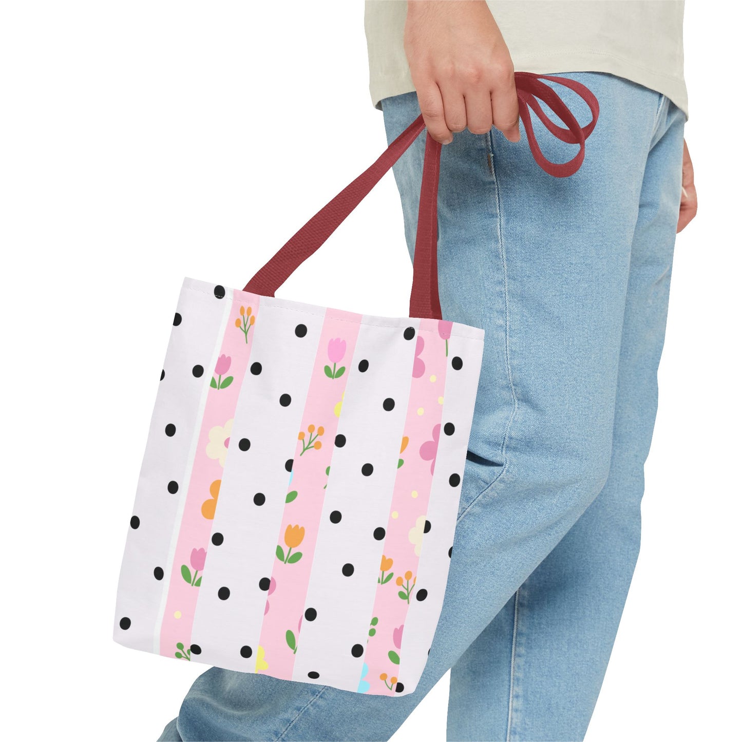 Floral Polka Dot Tote Bag — Pink Striped All-Over Print
