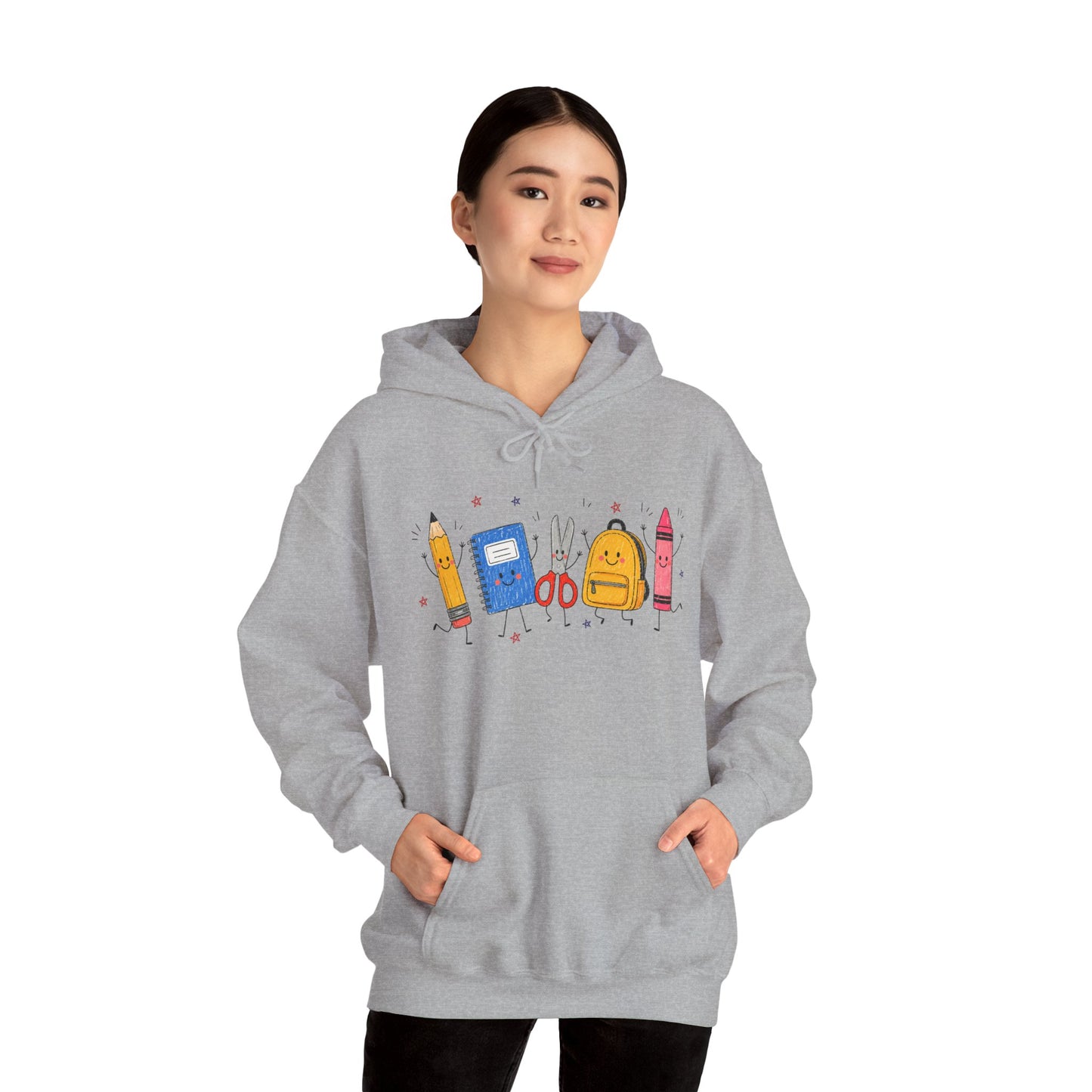 Back-to-School Hoodie – Cute School Supplies Graphic (Pencil, Notebook, Backpack)