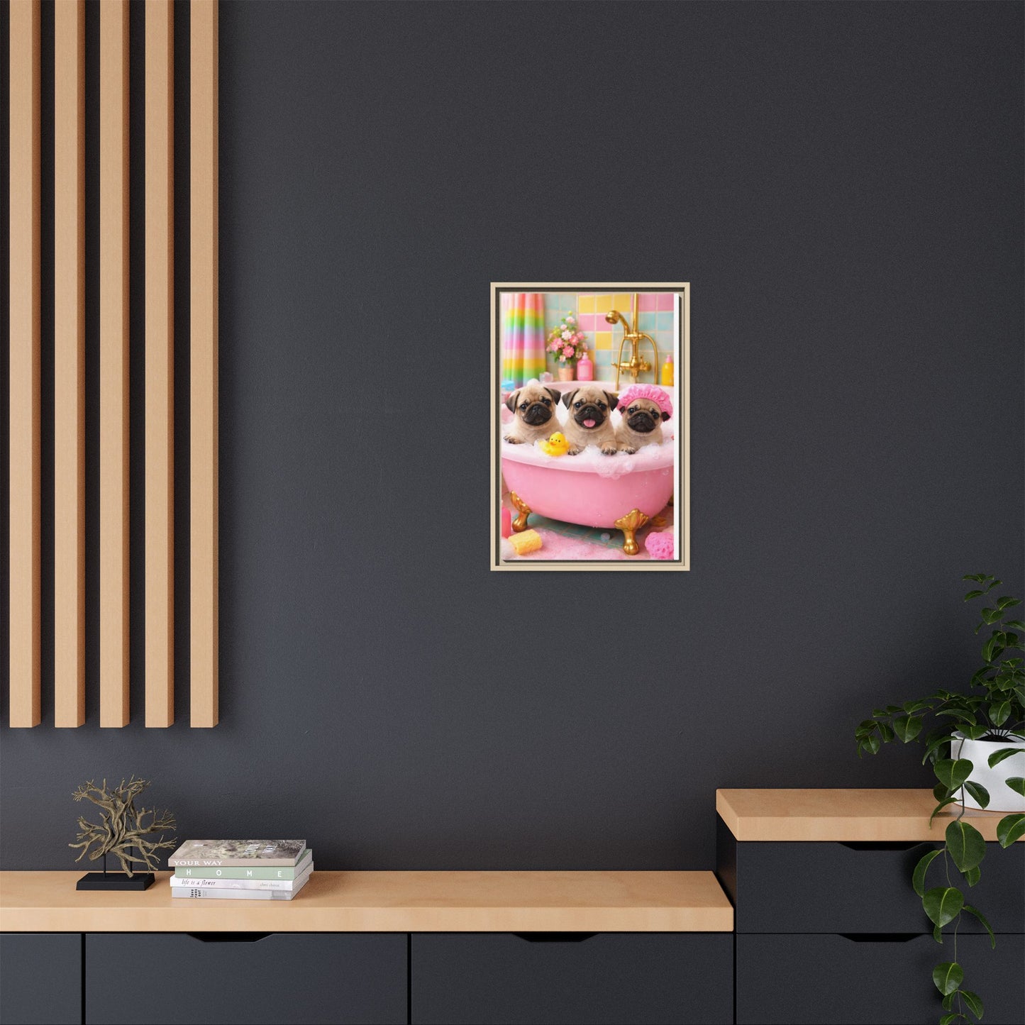 Pug Puppies Bubble Bath Matte Canvas Framed Wall Art