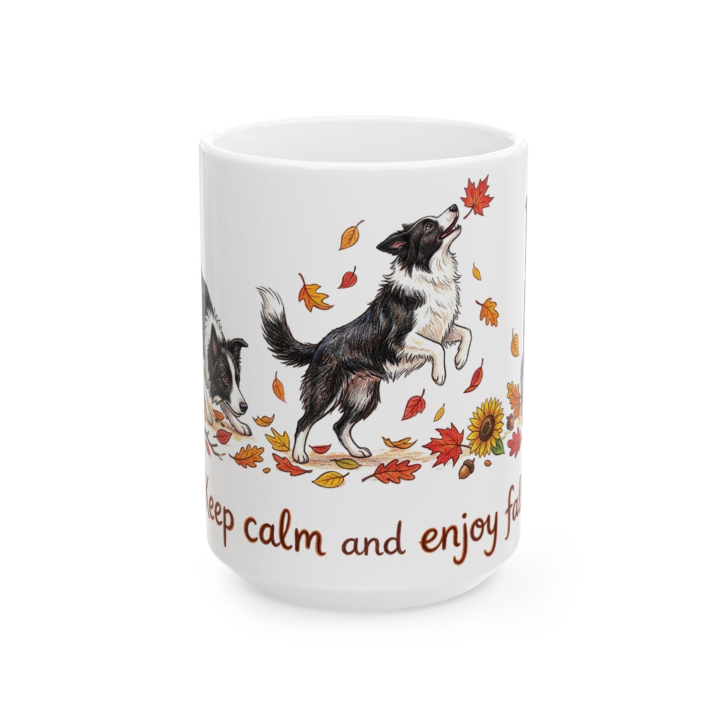 Border Collie Autumn Mug — "Keep Calm and Enjoy Fall" Ceramic Coffee Cup (11oz/15oz)