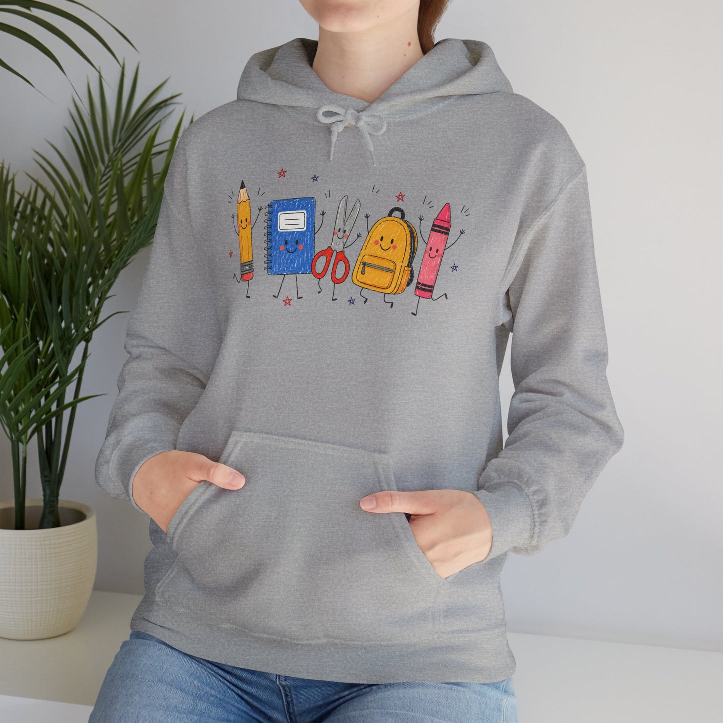 Back-to-School Hoodie – Cute School Supplies Graphic (Pencil, Notebook, Backpack)