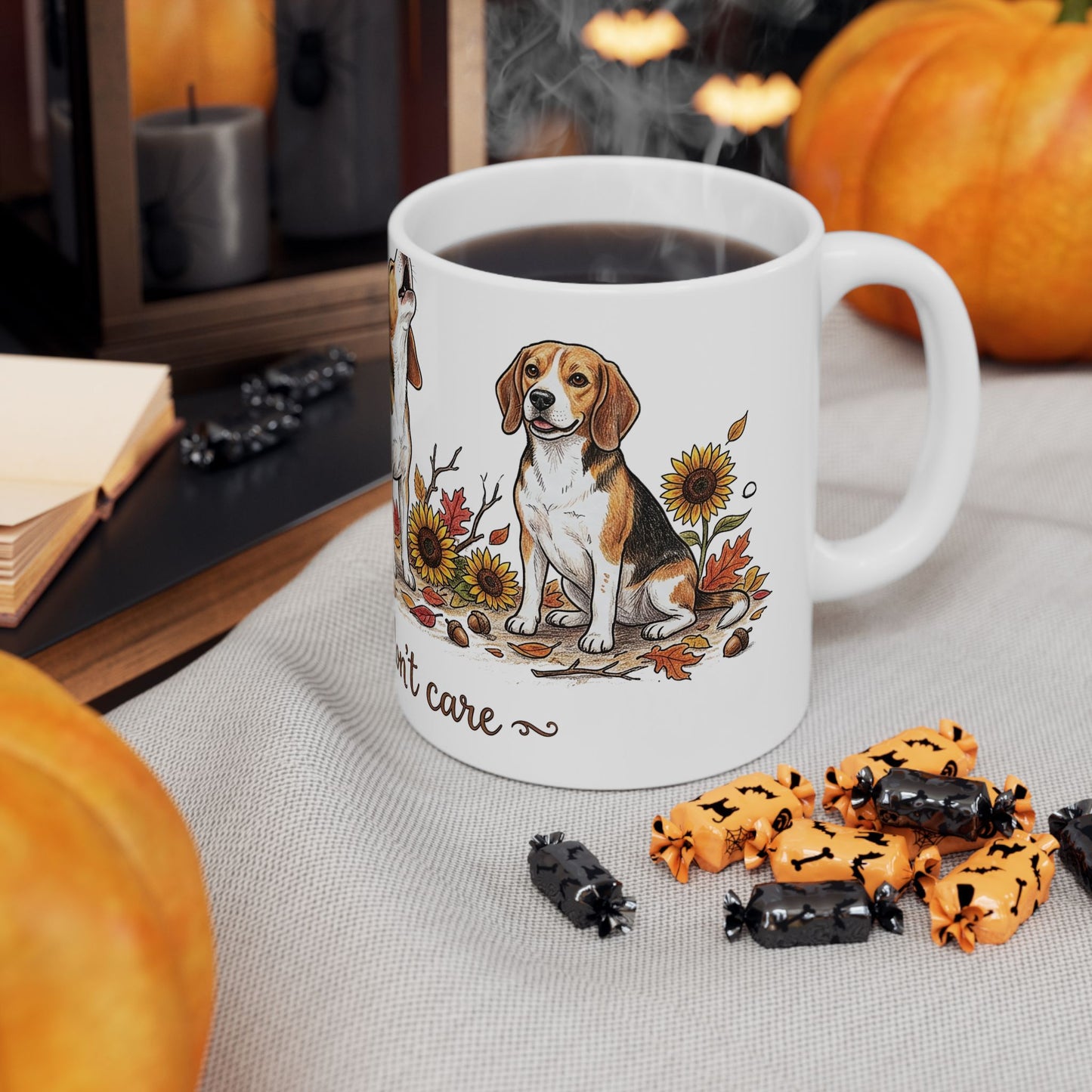 Beagle Fall Mug - "Crisp Air, Don't Care" Autumn Coffee Cup (11oz/15oz)