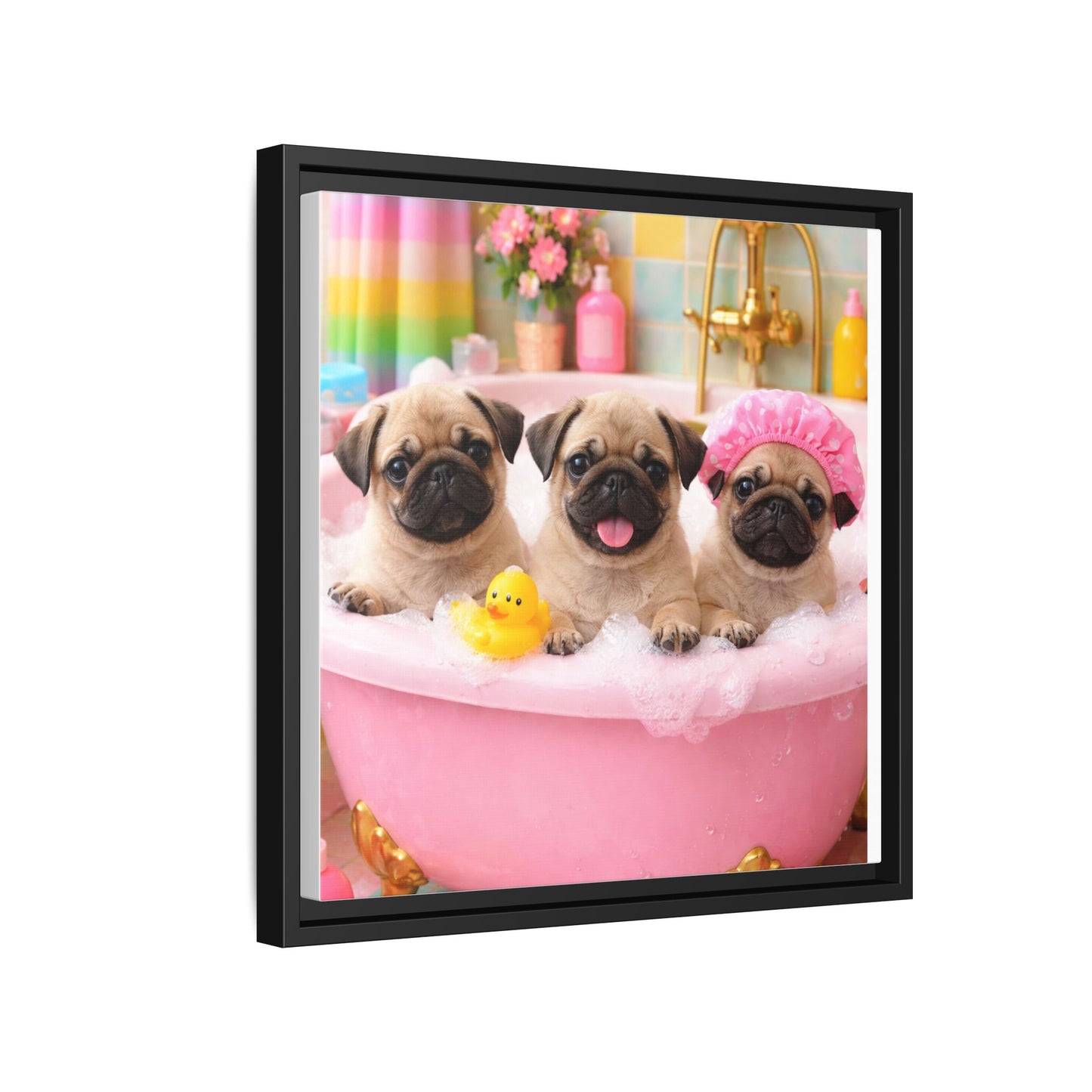 Pug Puppies Bubble Bath Matte Canvas Framed Wall Art