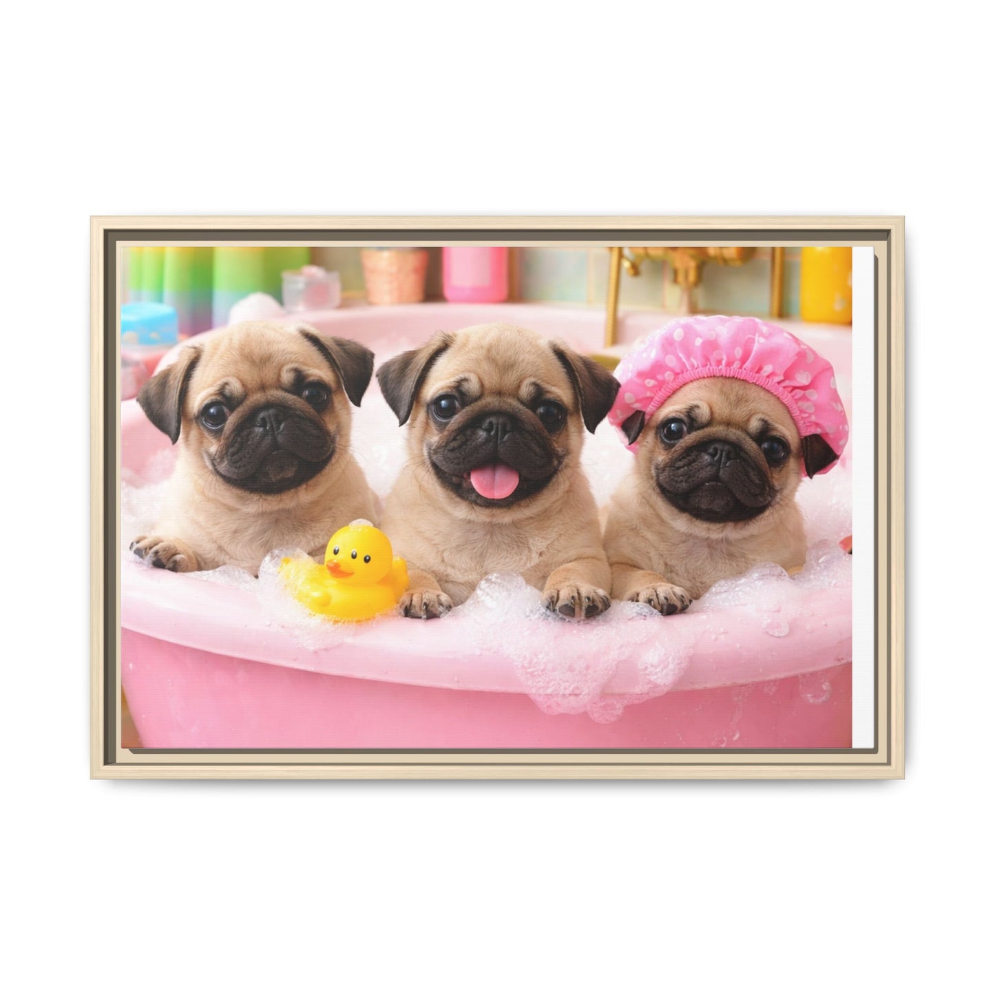 Pug Puppies Bubble Bath Matte Canvas Framed Wall Art