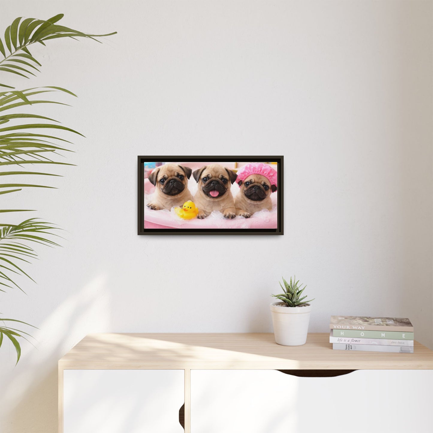 Pug Puppies Bubble Bath Matte Canvas Framed Wall Art