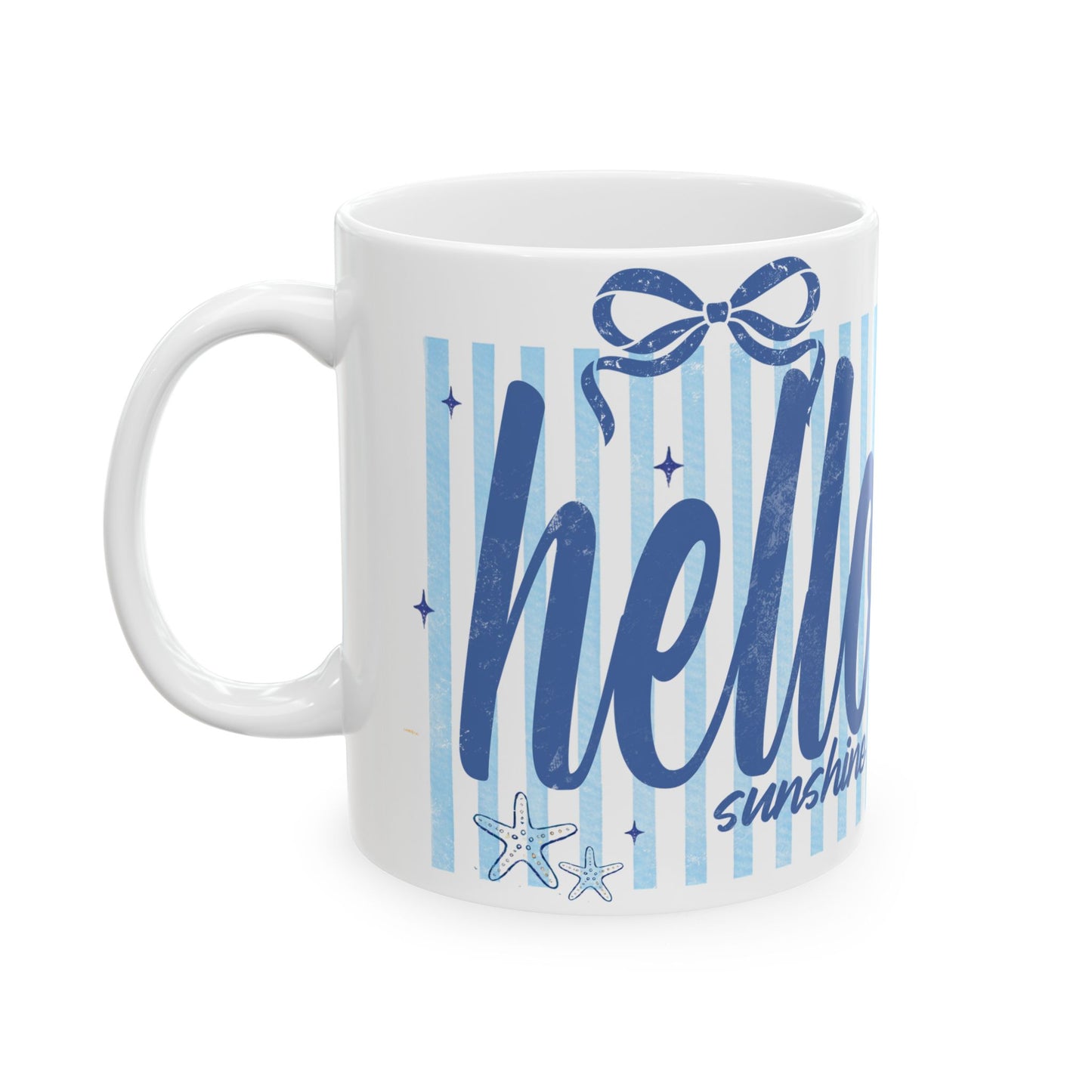 Hello Sunshine Ceramic Mug — Blue Stripes Beach Vibe (11oz & 15oz)
