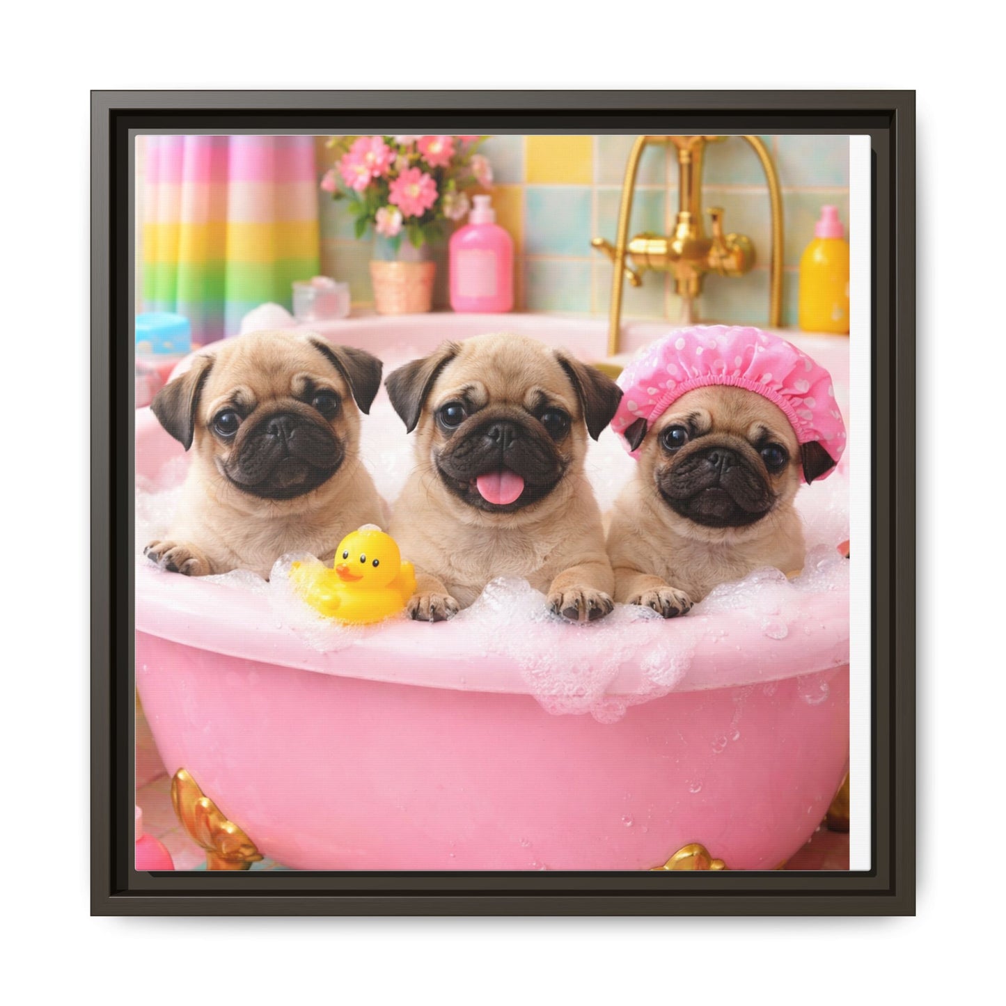 Pug Puppies Bubble Bath Matte Canvas Framed Wall Art