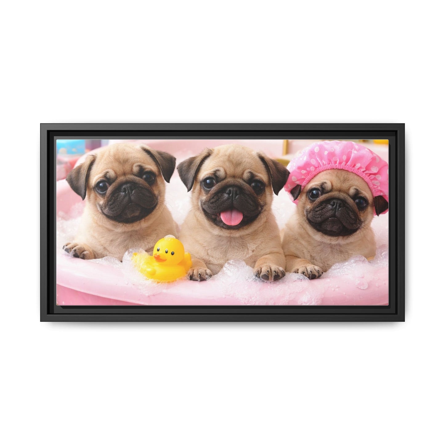 Pug Puppies Bubble Bath Matte Canvas Framed Wall Art
