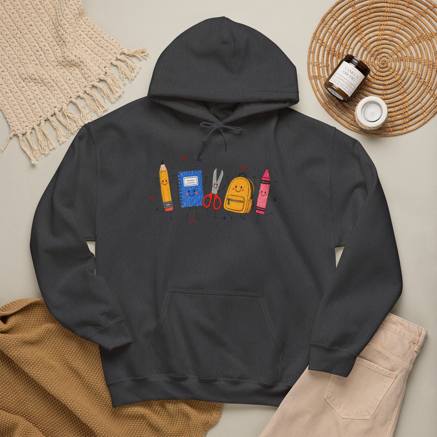 Back-to-School Hoodie – Cute School Supplies Graphic (Pencil, Notebook, Backpack)