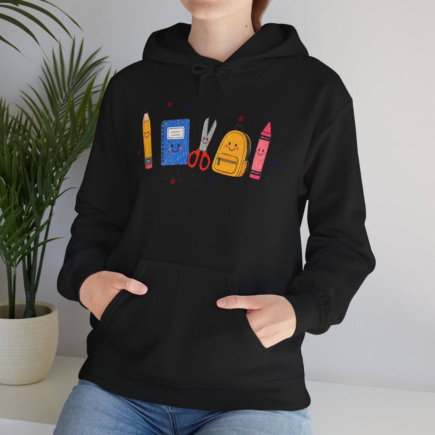 Back-to-School Hoodie – Cute School Supplies Graphic (Pencil, Notebook, Backpack)