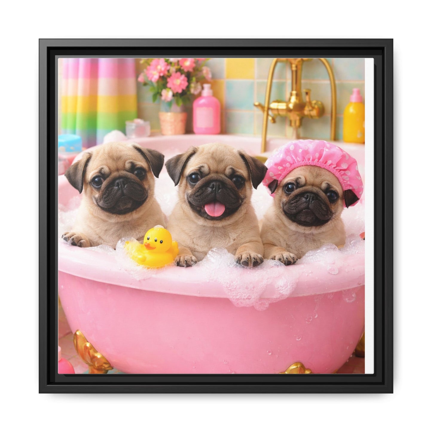 Pug Puppies Bubble Bath Matte Canvas Framed Wall Art