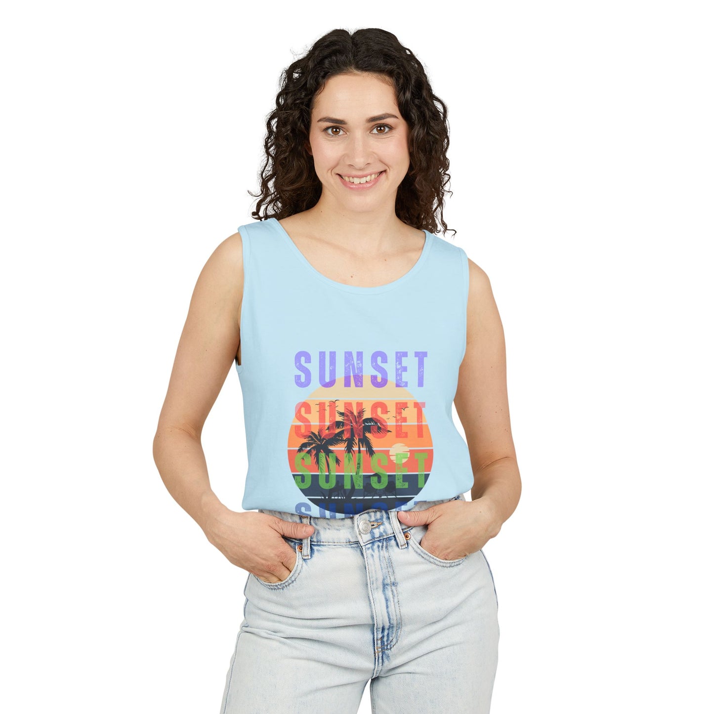 Sunset Palms Tank Top — Retro Beach Sunset Graphic Tank