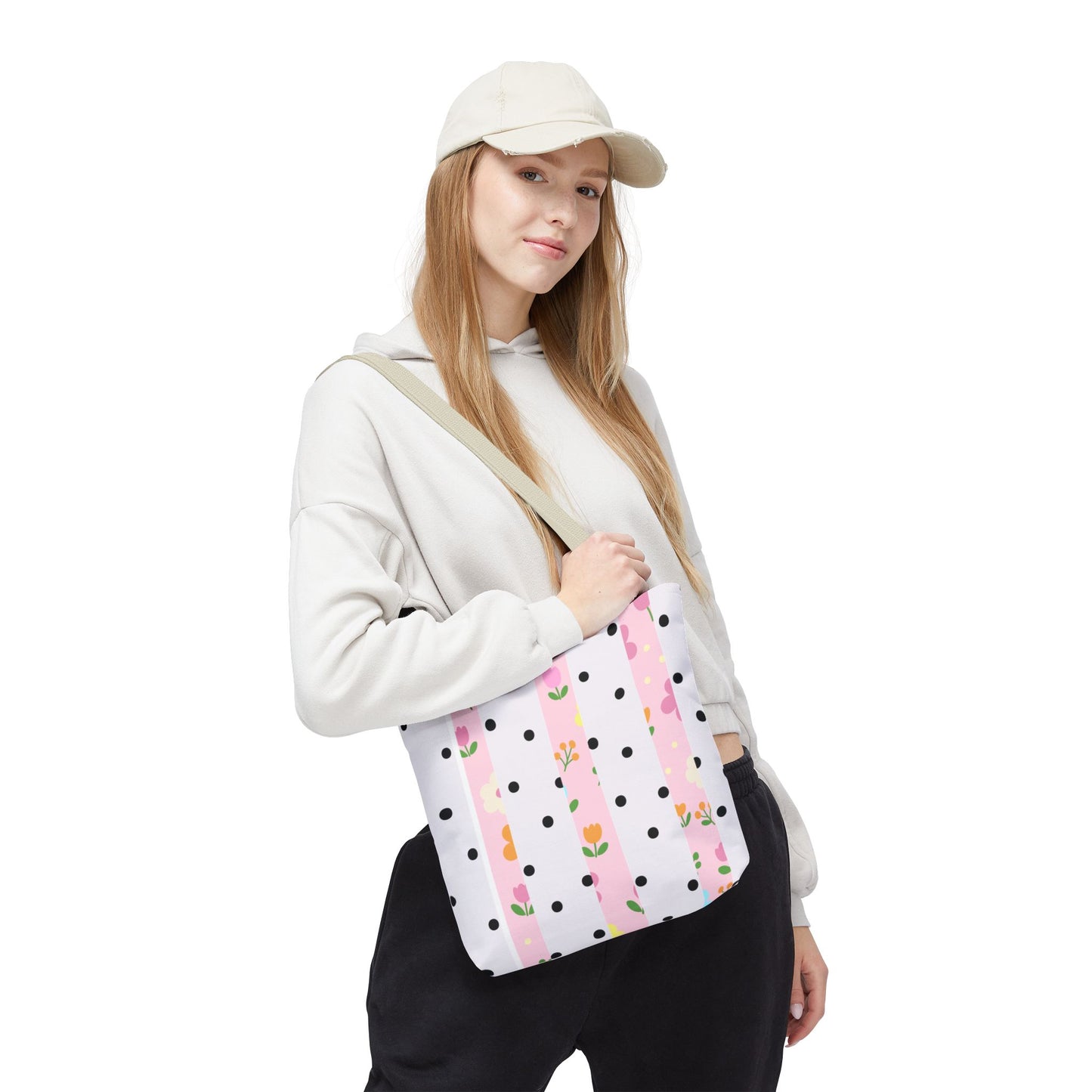 Floral Polka Dot Tote Bag — Pink Striped All-Over Print