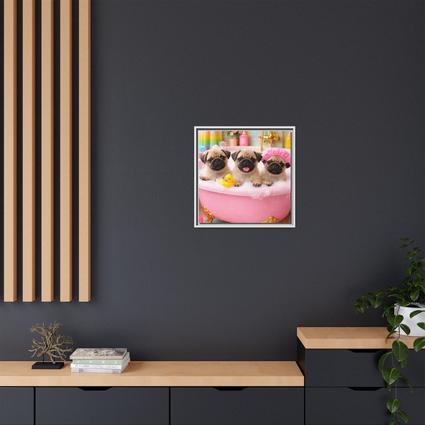 Pug Puppies Bubble Bath Matte Canvas Framed Wall Art