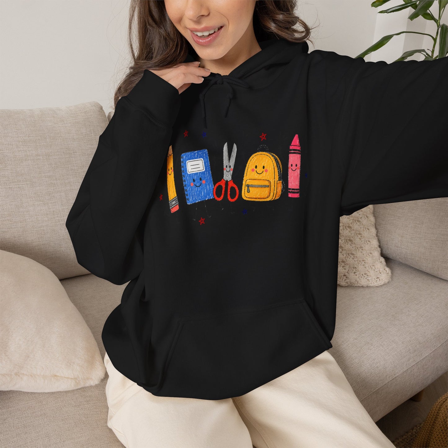 Back-to-School Hoodie – Cute School Supplies Graphic (Pencil, Notebook, Backpack)
