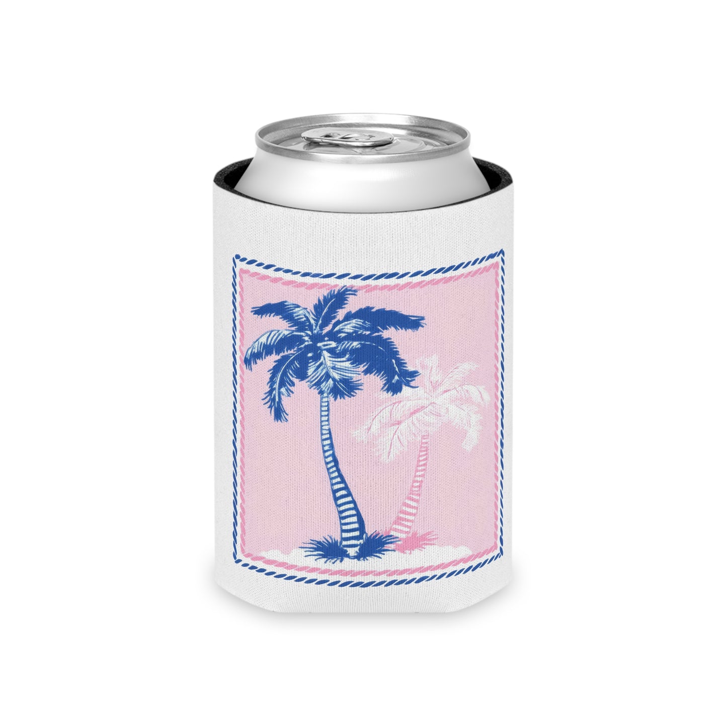 Tropical Palm Can Cooler — Pink & Blue Beach Drink Koozie