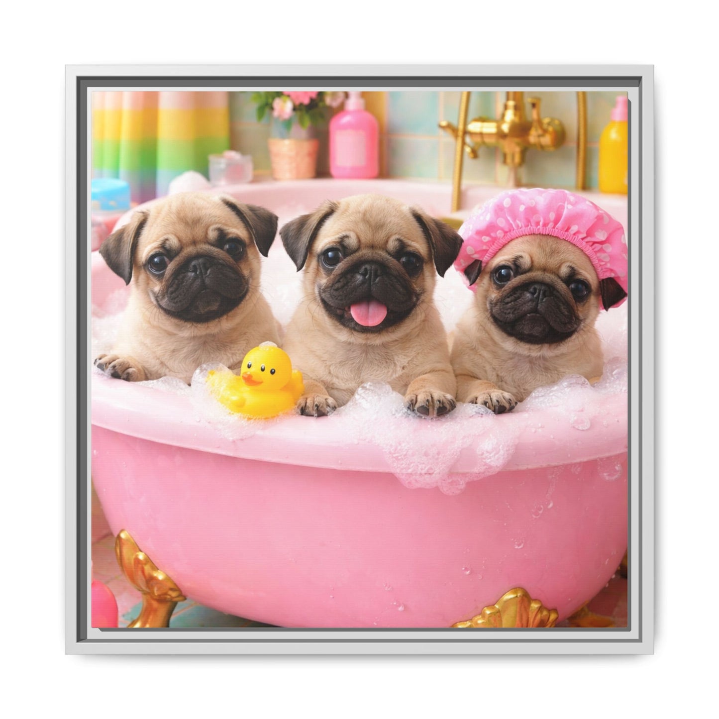 Pug Puppies Bubble Bath Matte Canvas Framed Wall Art