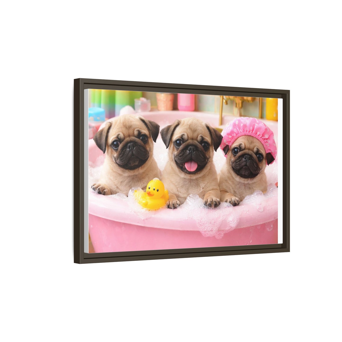Pug Puppies Bubble Bath Matte Canvas Framed Wall Art
