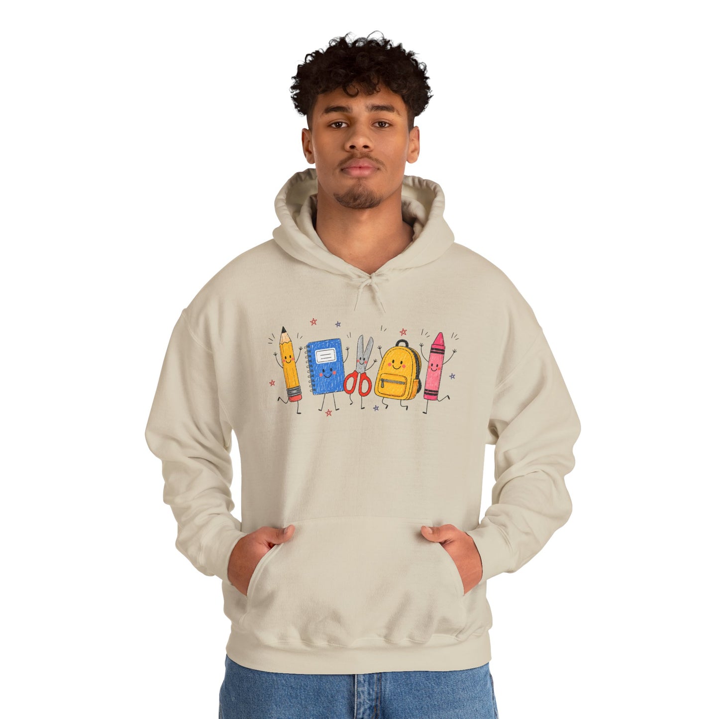 Back-to-School Hoodie – Cute School Supplies Graphic (Pencil, Notebook, Backpack)