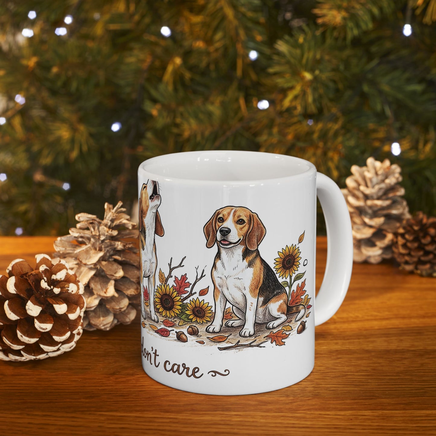 Beagle Fall Mug - "Crisp Air, Don't Care" Autumn Coffee Cup (11oz/15oz)