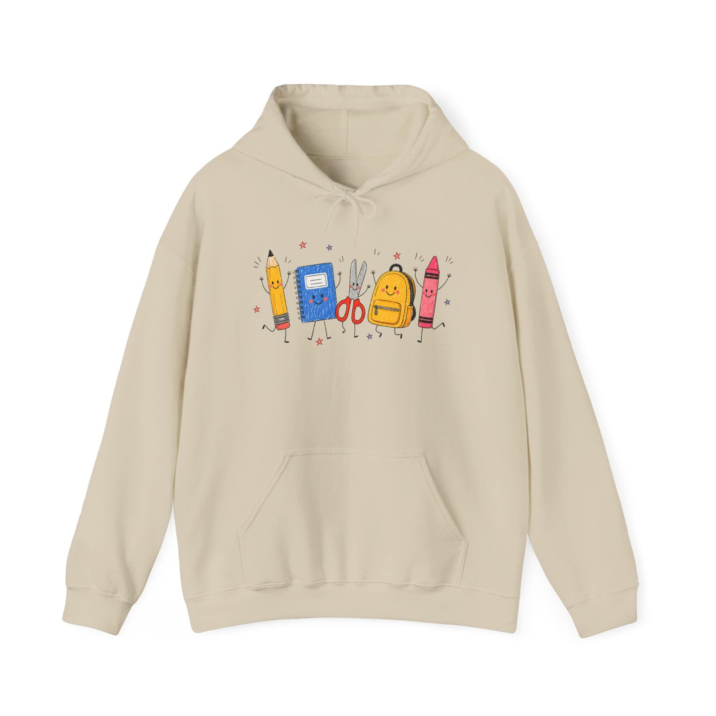 Back-to-School Hoodie – Cute School Supplies Graphic (Pencil, Notebook, Backpack)