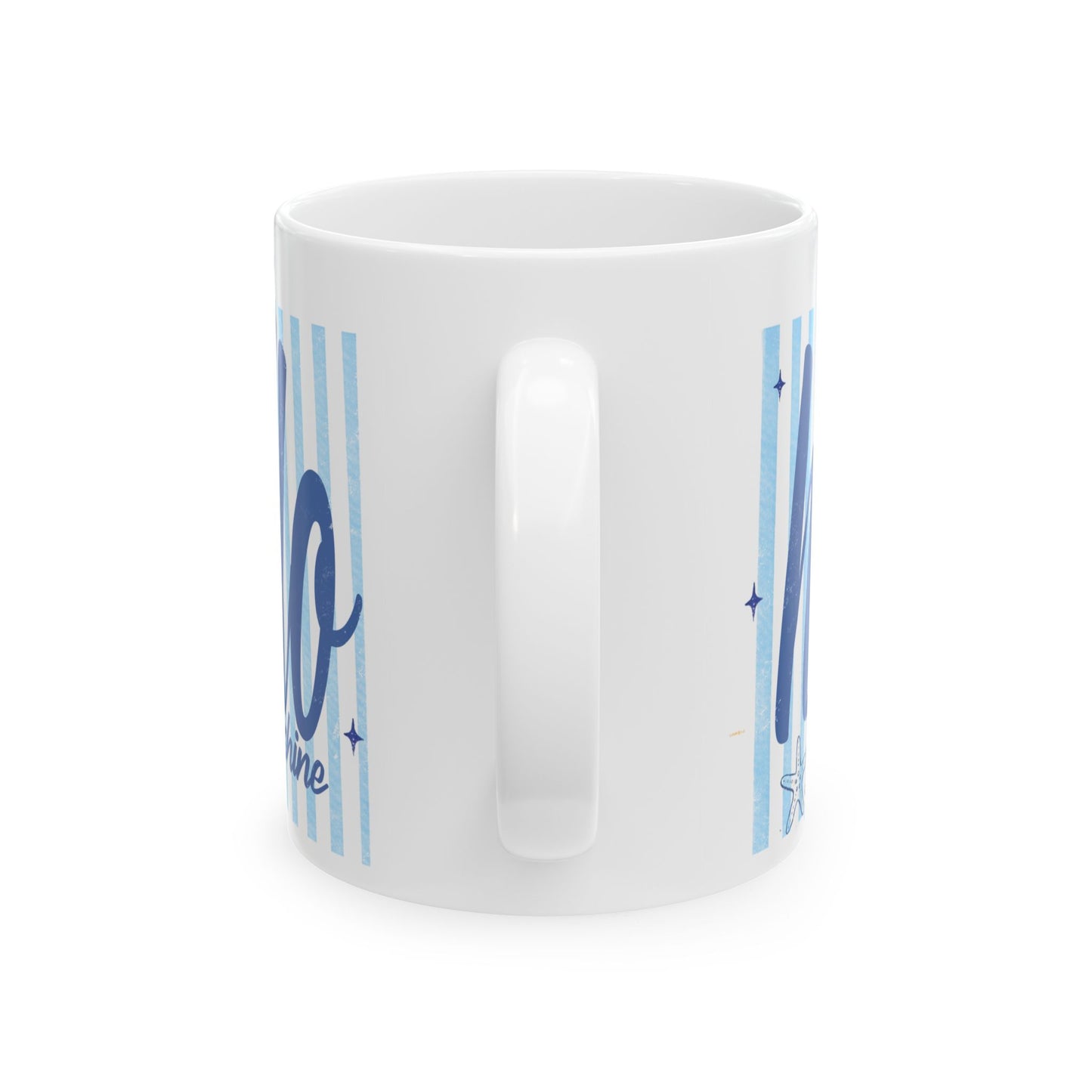 Hello Sunshine Ceramic Mug — Blue Stripes Beach Vibe (11oz & 15oz)
