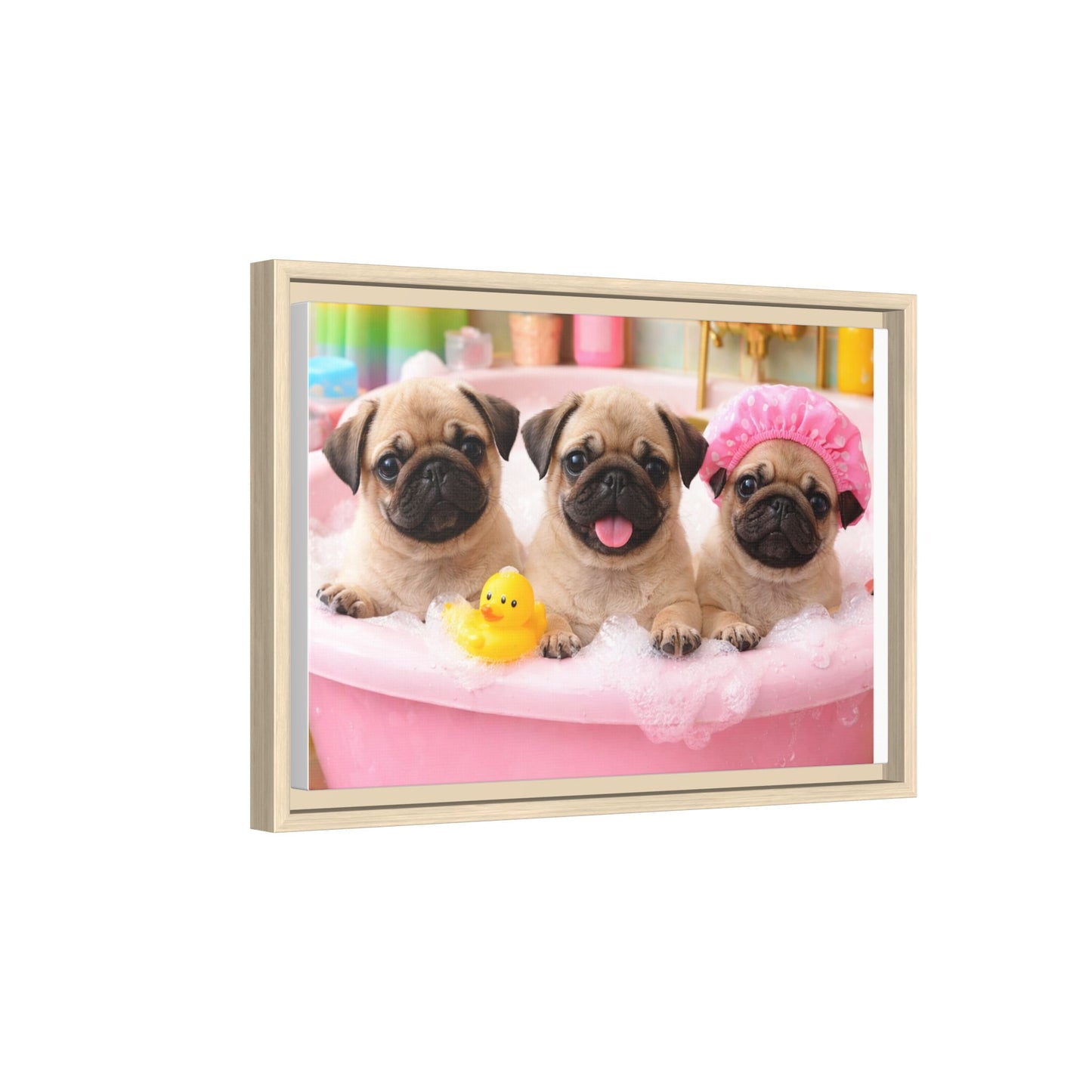 Pug Puppies Bubble Bath Matte Canvas Framed Wall Art