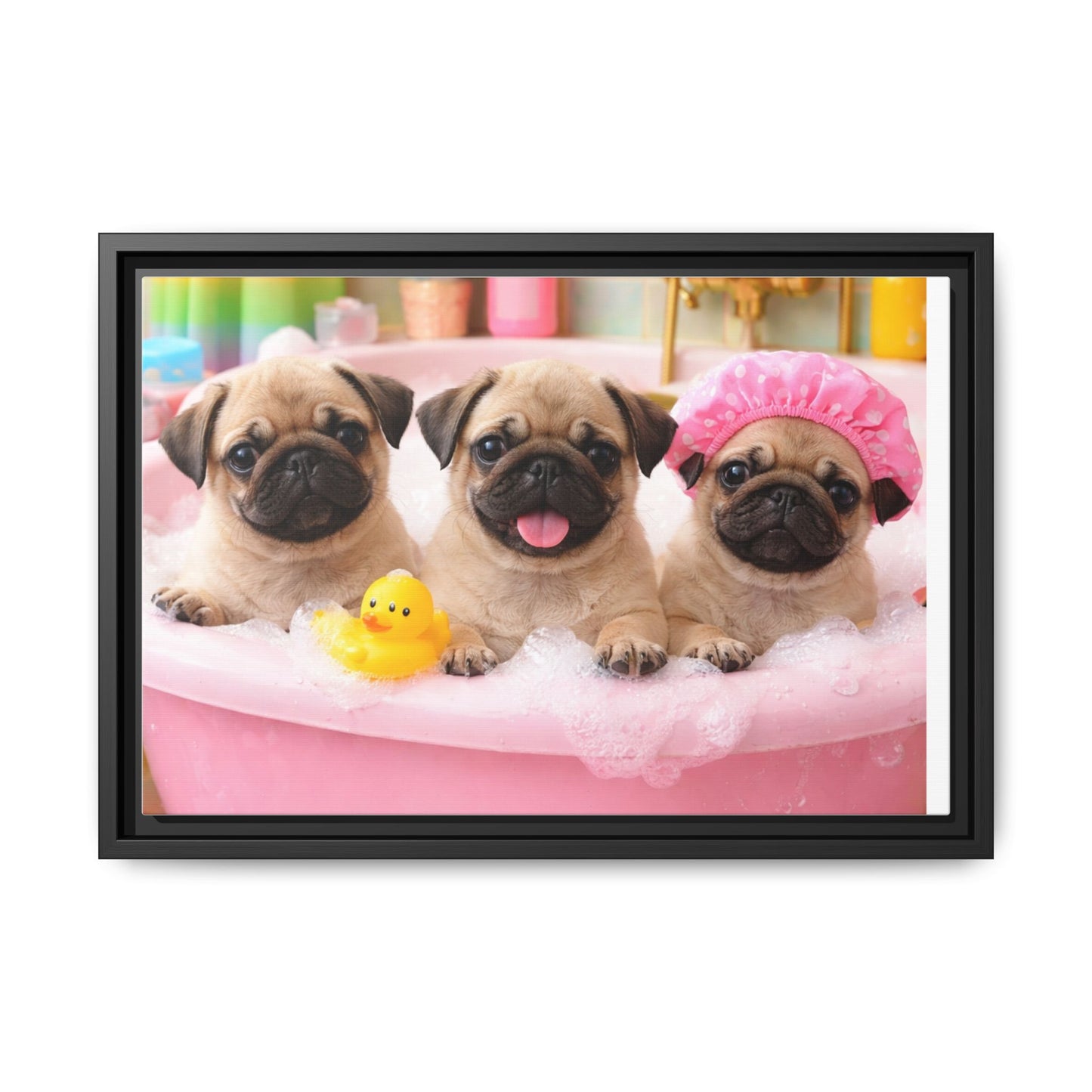Pug Puppies Bubble Bath Matte Canvas Framed Wall Art