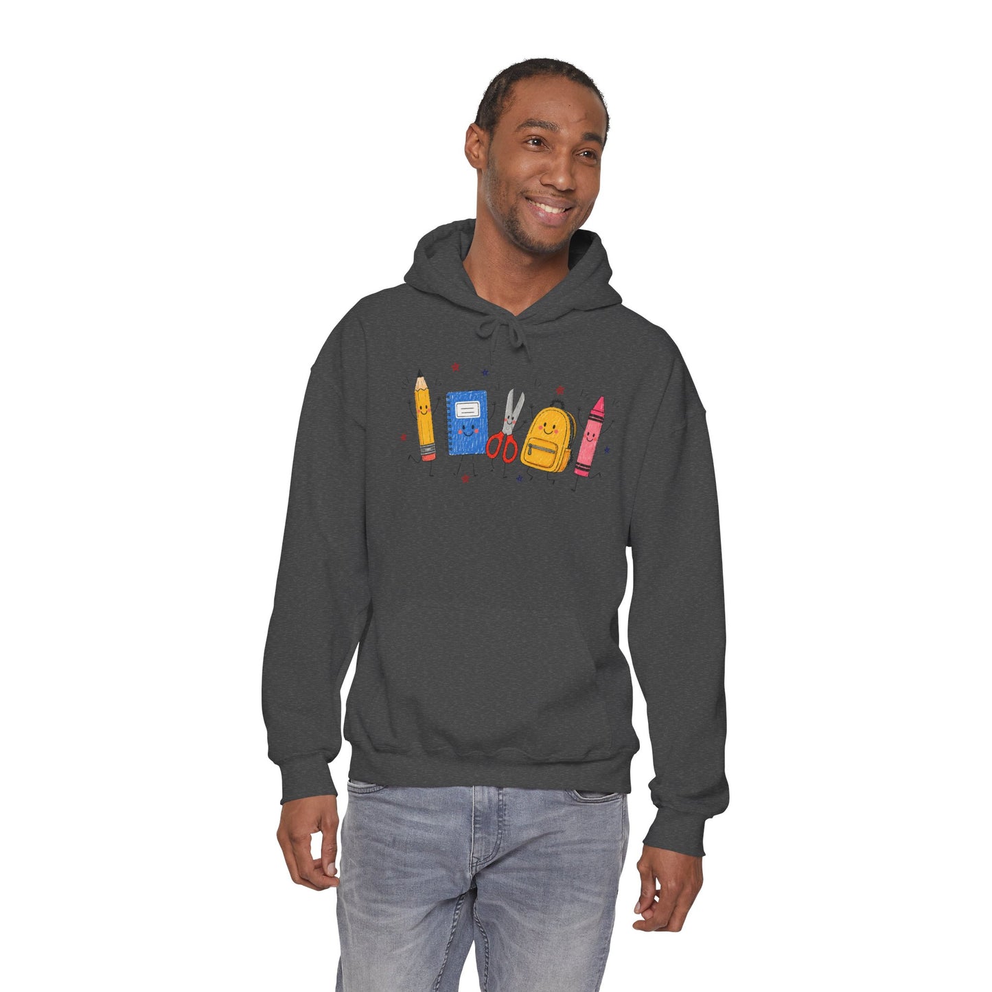 Back-to-School Hoodie – Cute School Supplies Graphic (Pencil, Notebook, Backpack)