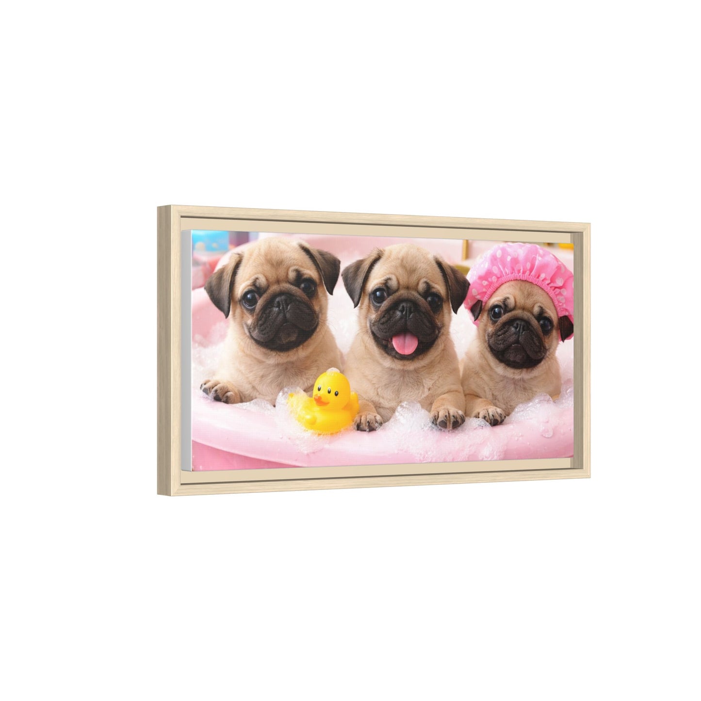 Pug Puppies Bubble Bath Matte Canvas Framed Wall Art