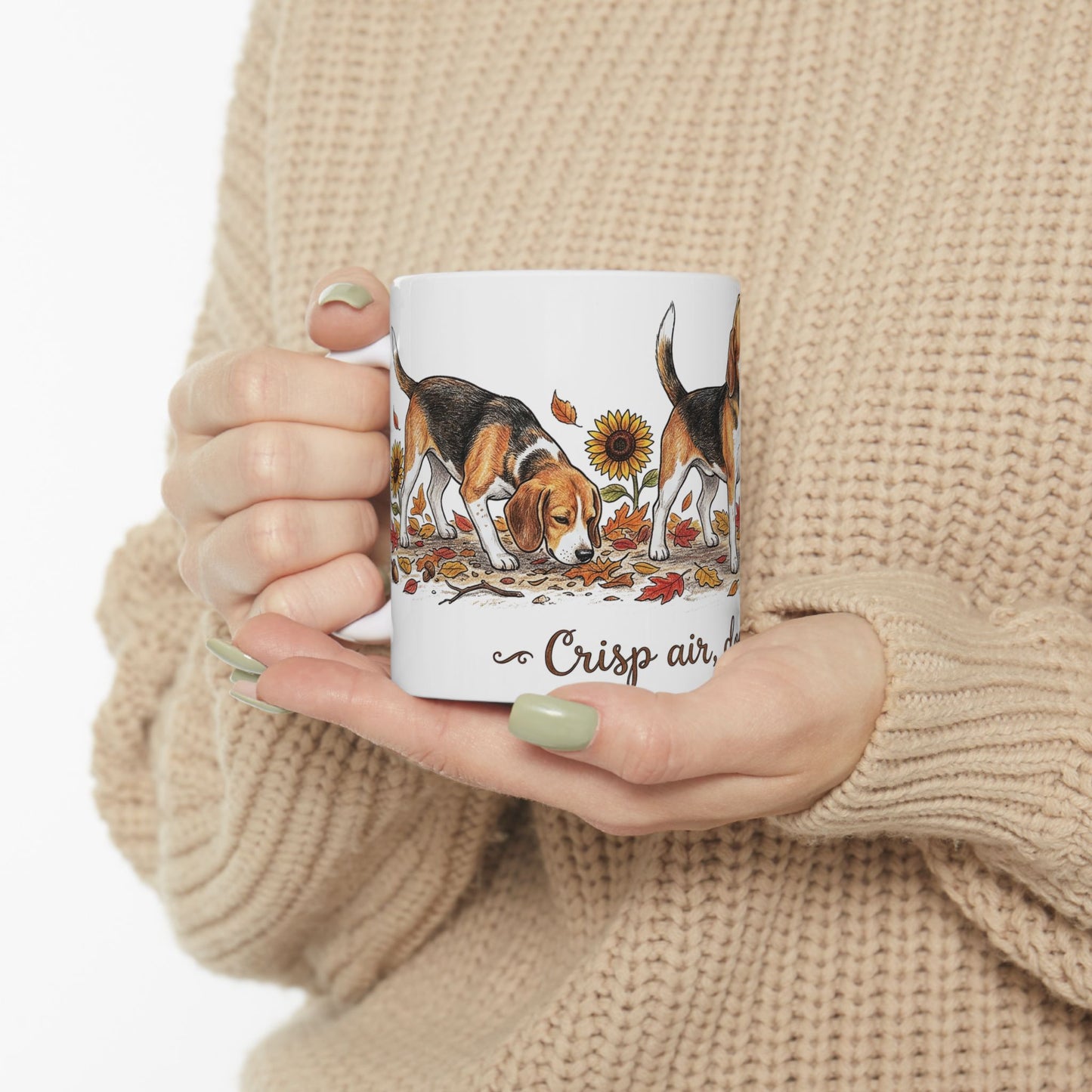Beagle Fall Mug - "Crisp Air, Don't Care" Autumn Coffee Cup (11oz/15oz)
