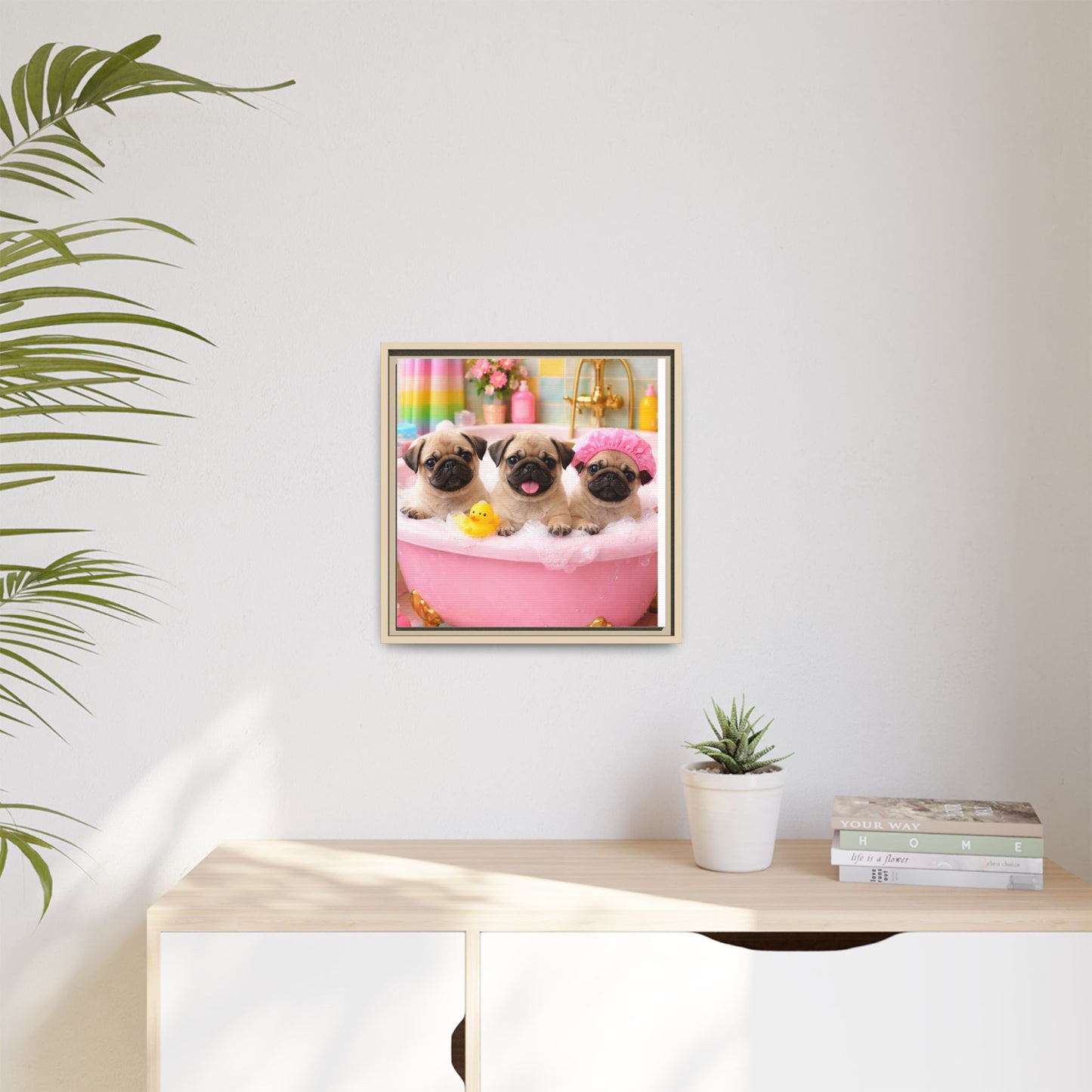 Pug Puppies Bubble Bath Matte Canvas Framed Wall Art