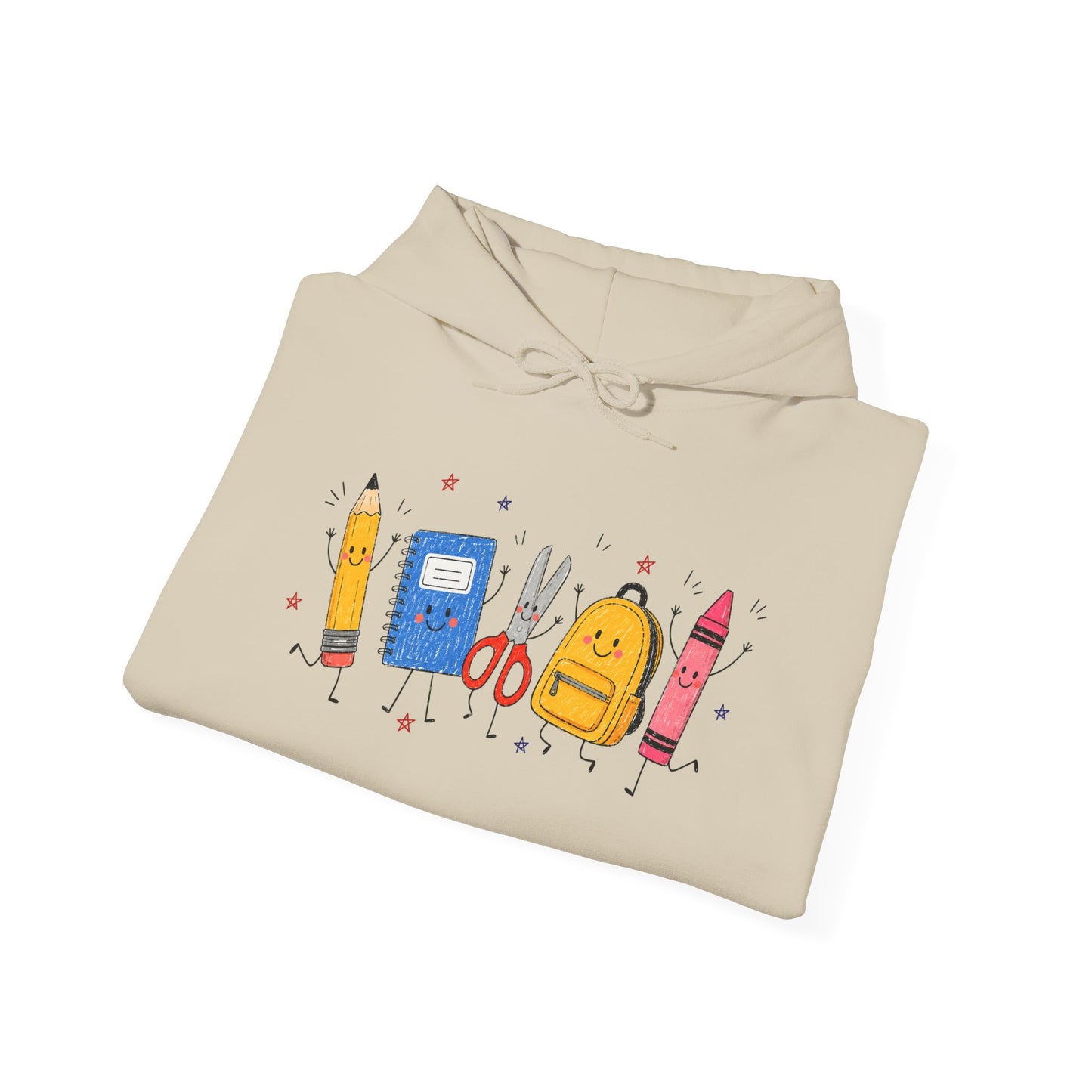 Back-to-School Hoodie – Cute School Supplies Graphic (Pencil, Notebook, Backpack)