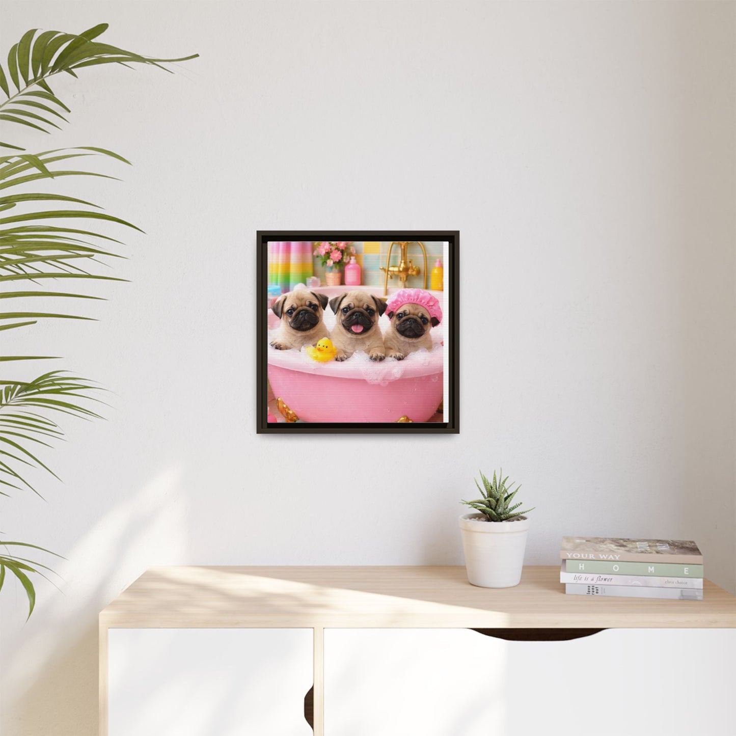 Pug Puppies Bubble Bath Matte Canvas Framed Wall Art