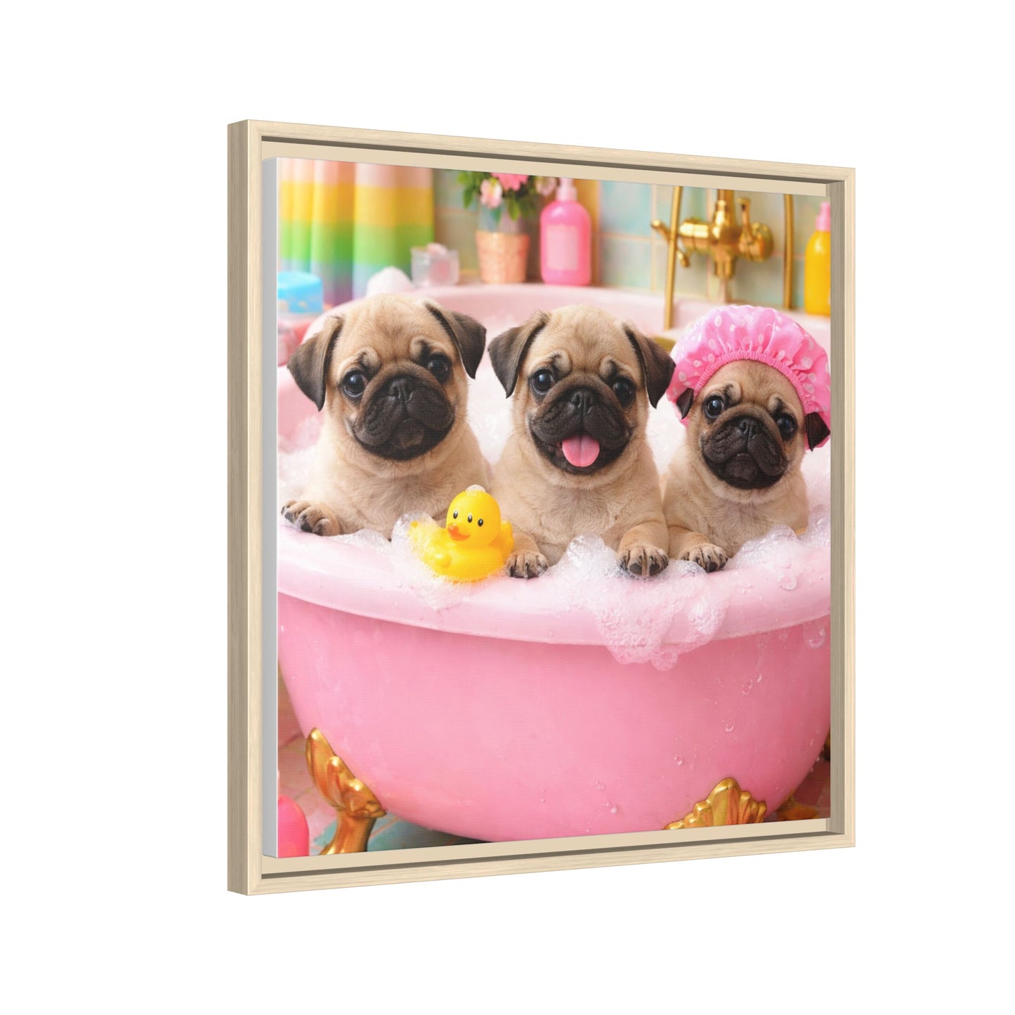 Pug Puppies Bubble Bath Matte Canvas Framed Wall Art