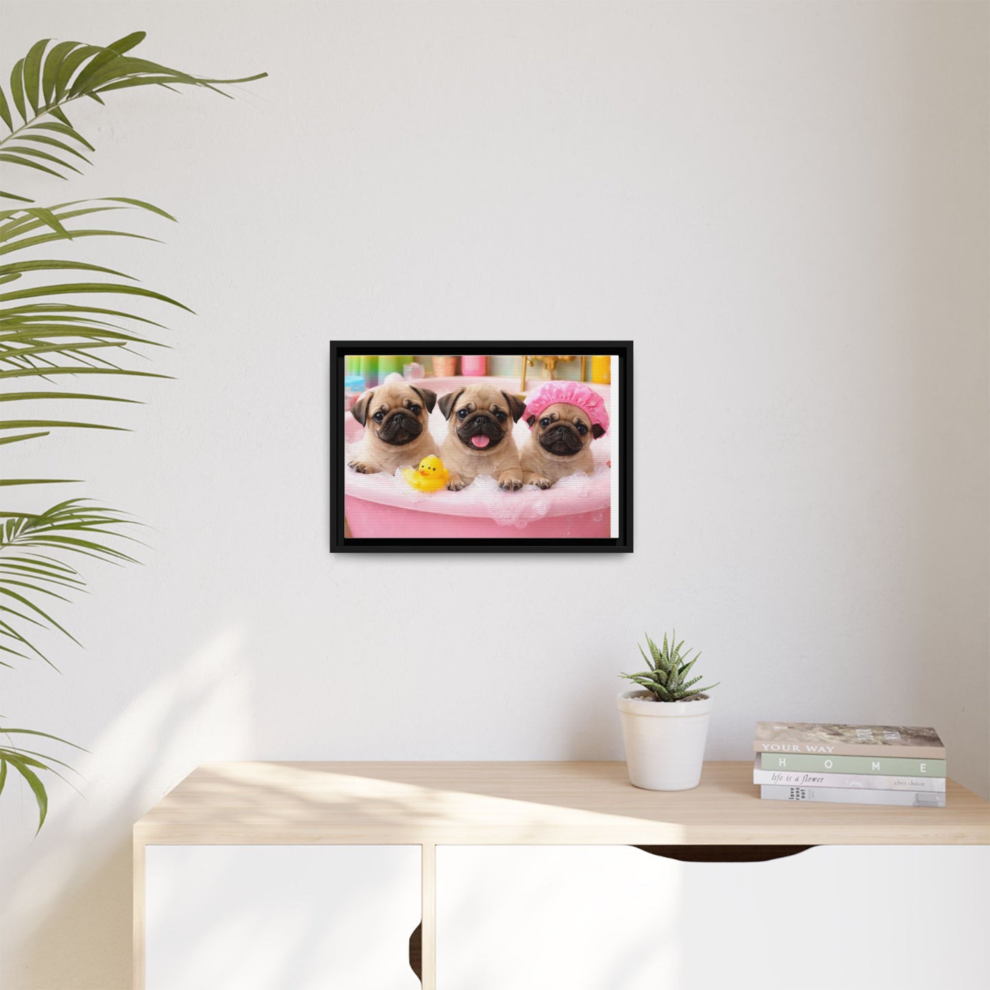 Pug Puppies Bubble Bath Matte Canvas Framed Wall Art