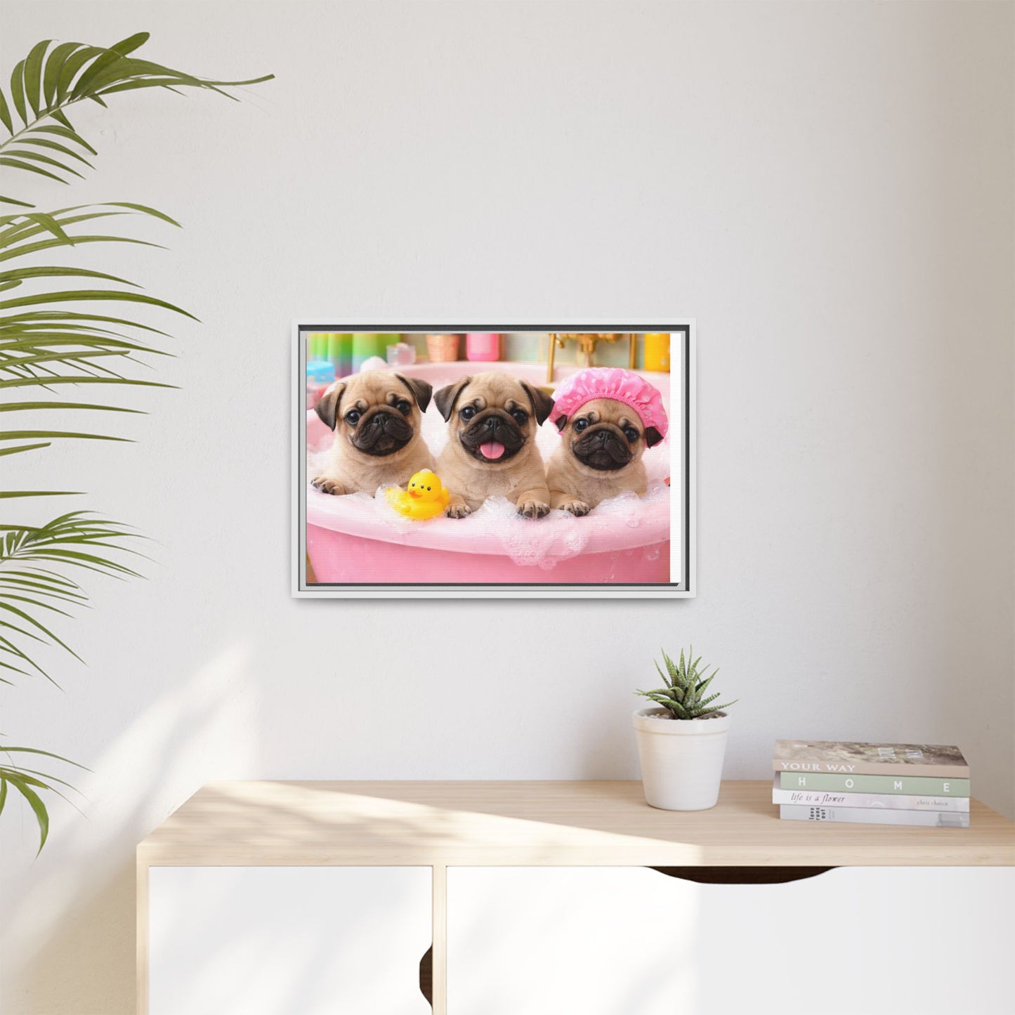 Pug Puppies Bubble Bath Matte Canvas Framed Wall Art