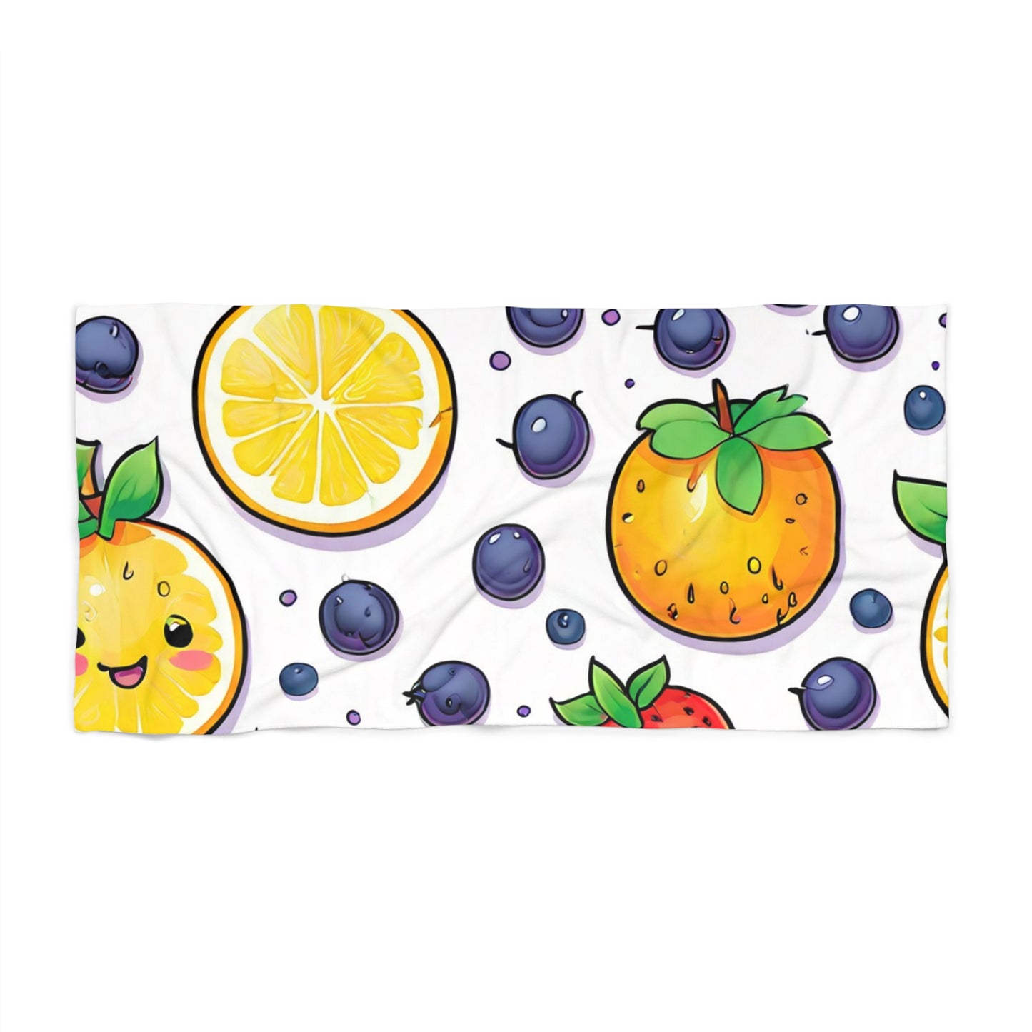 Kawaii Citrus & Berries Beach Towel — Cute Lemon, Orange & Blueberry Pattern