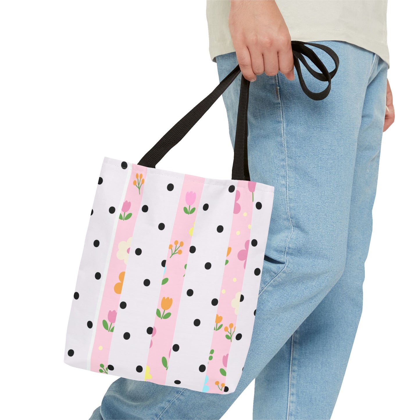 Floral Polka Dot Tote Bag — Pink Striped All-Over Print