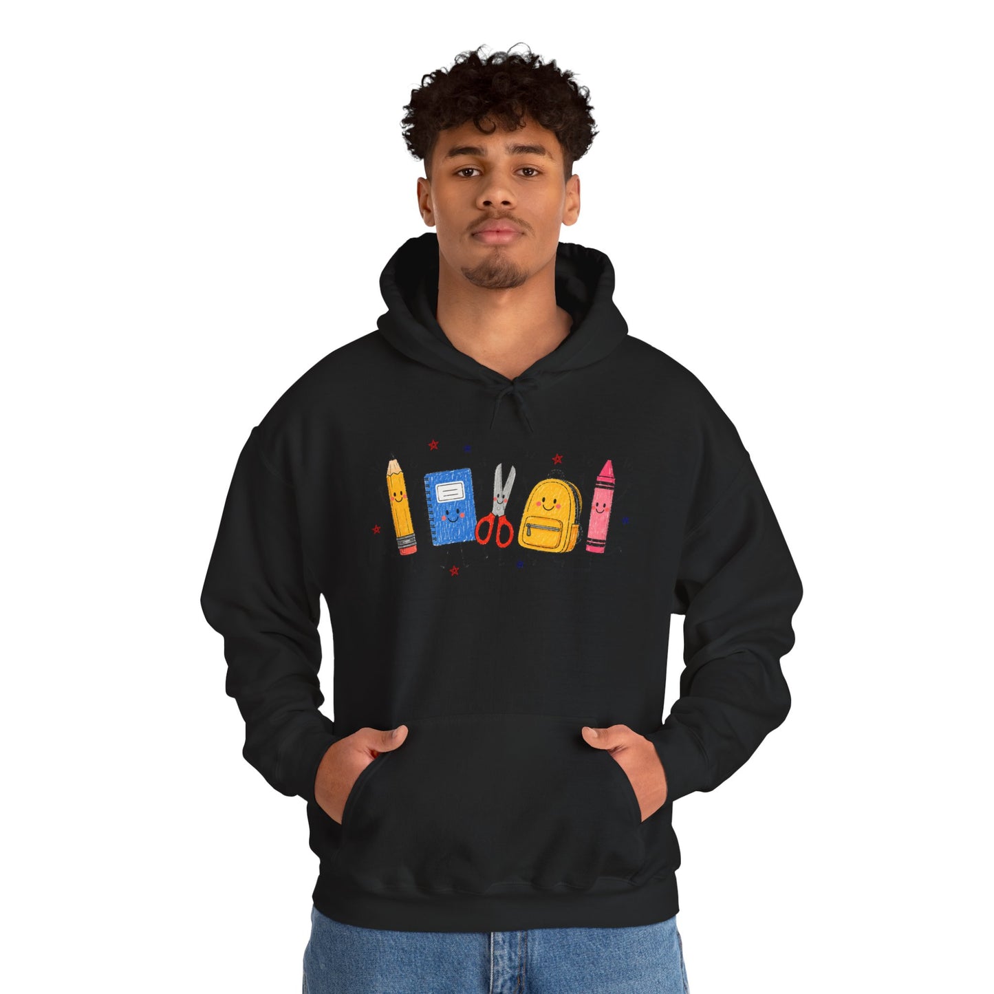 Back-to-School Hoodie – Cute School Supplies Graphic (Pencil, Notebook, Backpack)