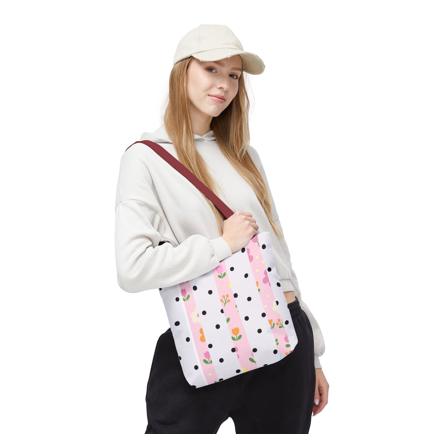 Floral Polka Dot Tote Bag — Pink Striped All-Over Print