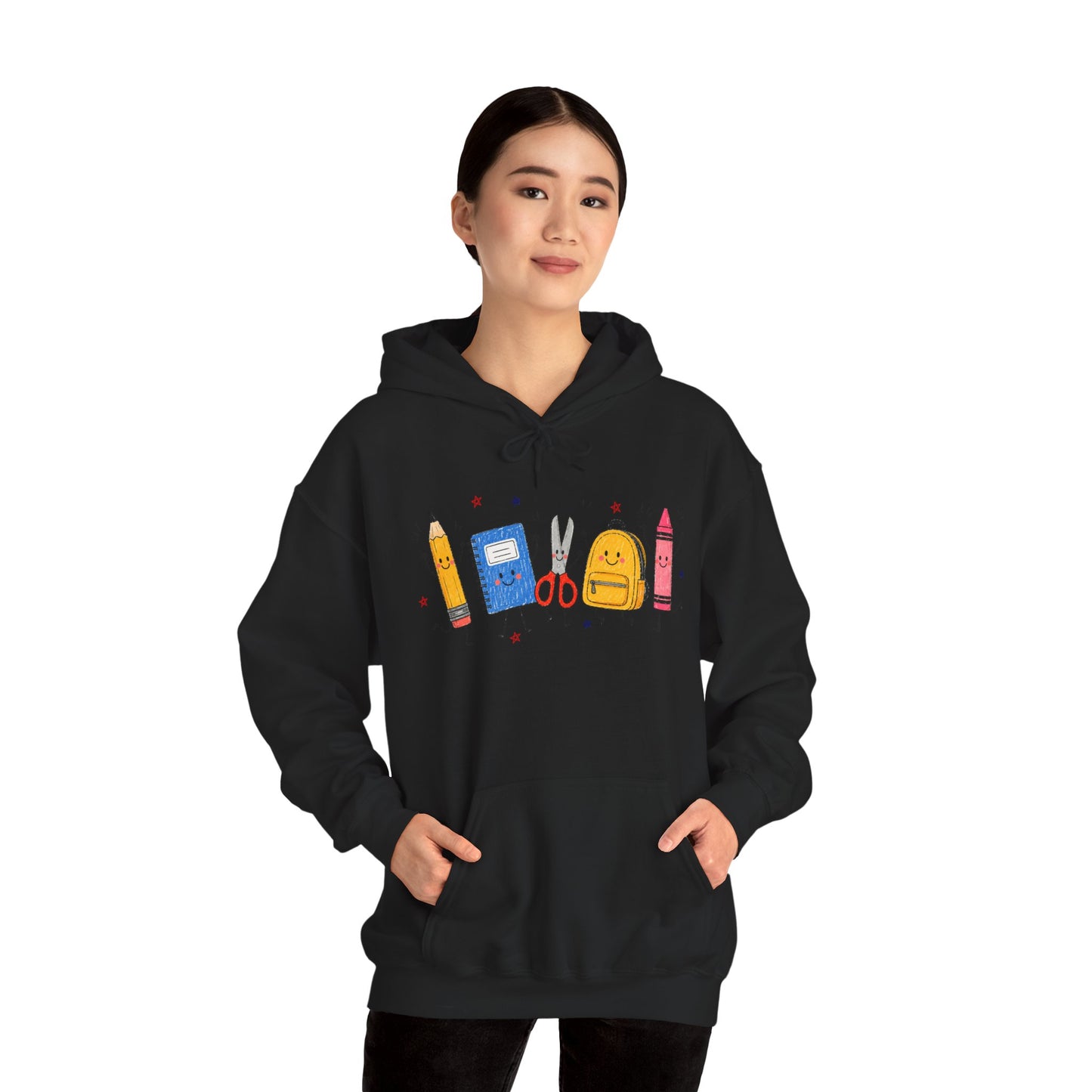 Back-to-School Hoodie – Cute School Supplies Graphic (Pencil, Notebook, Backpack)