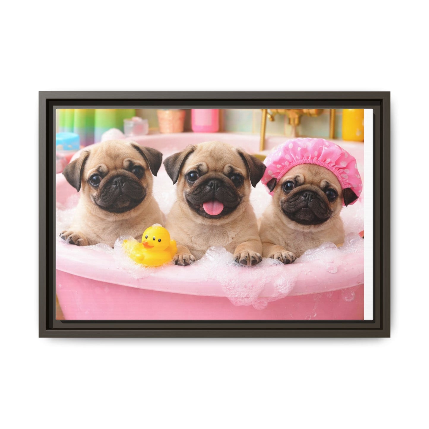 Pug Puppies Bubble Bath Matte Canvas Framed Wall Art