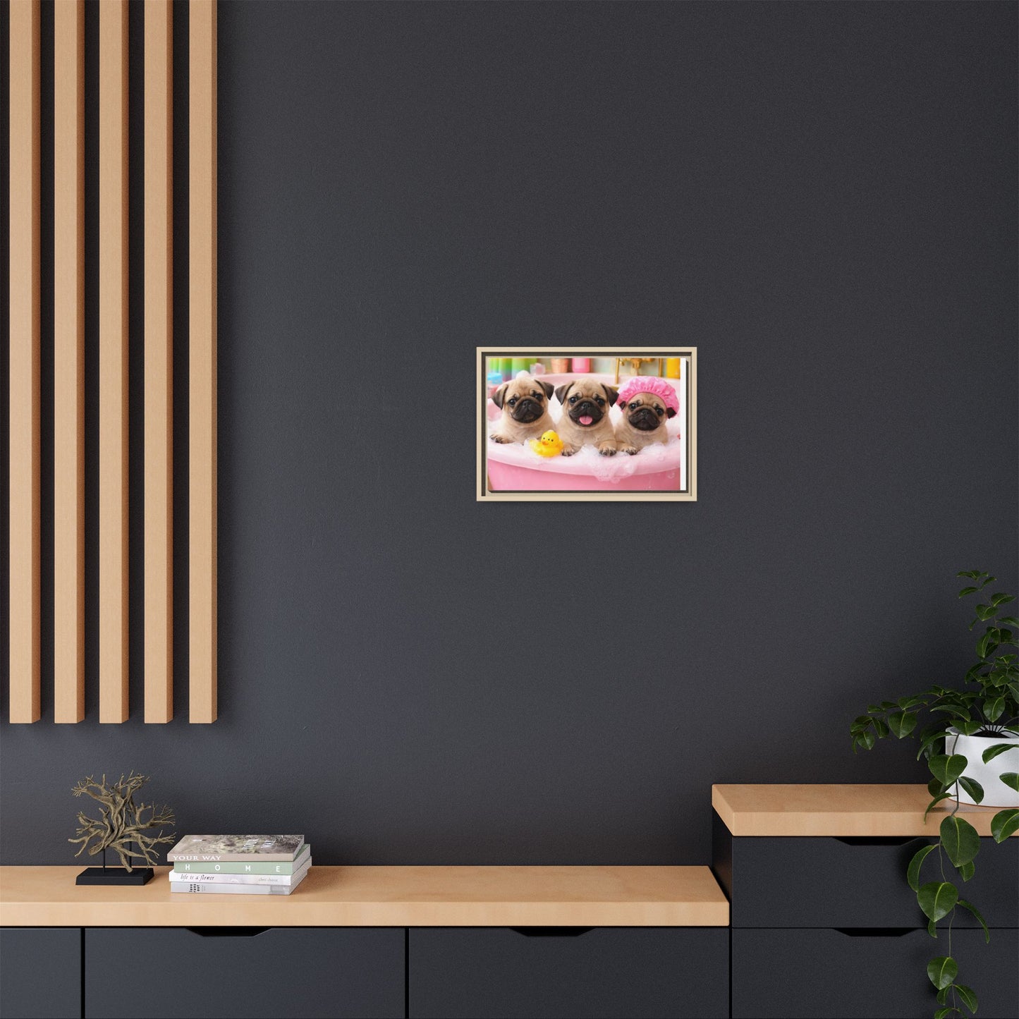 Pug Puppies Bubble Bath Matte Canvas Framed Wall Art